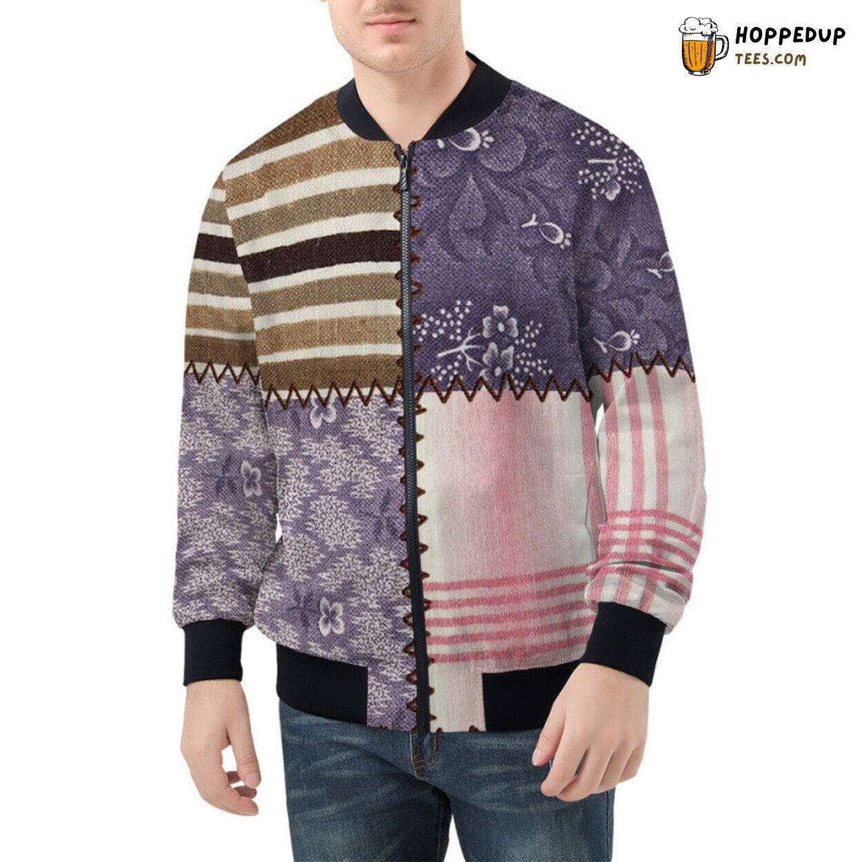 Rich Tapestry of Fabric Artfully Stitched Cloth Patchwork Bomber Jacket