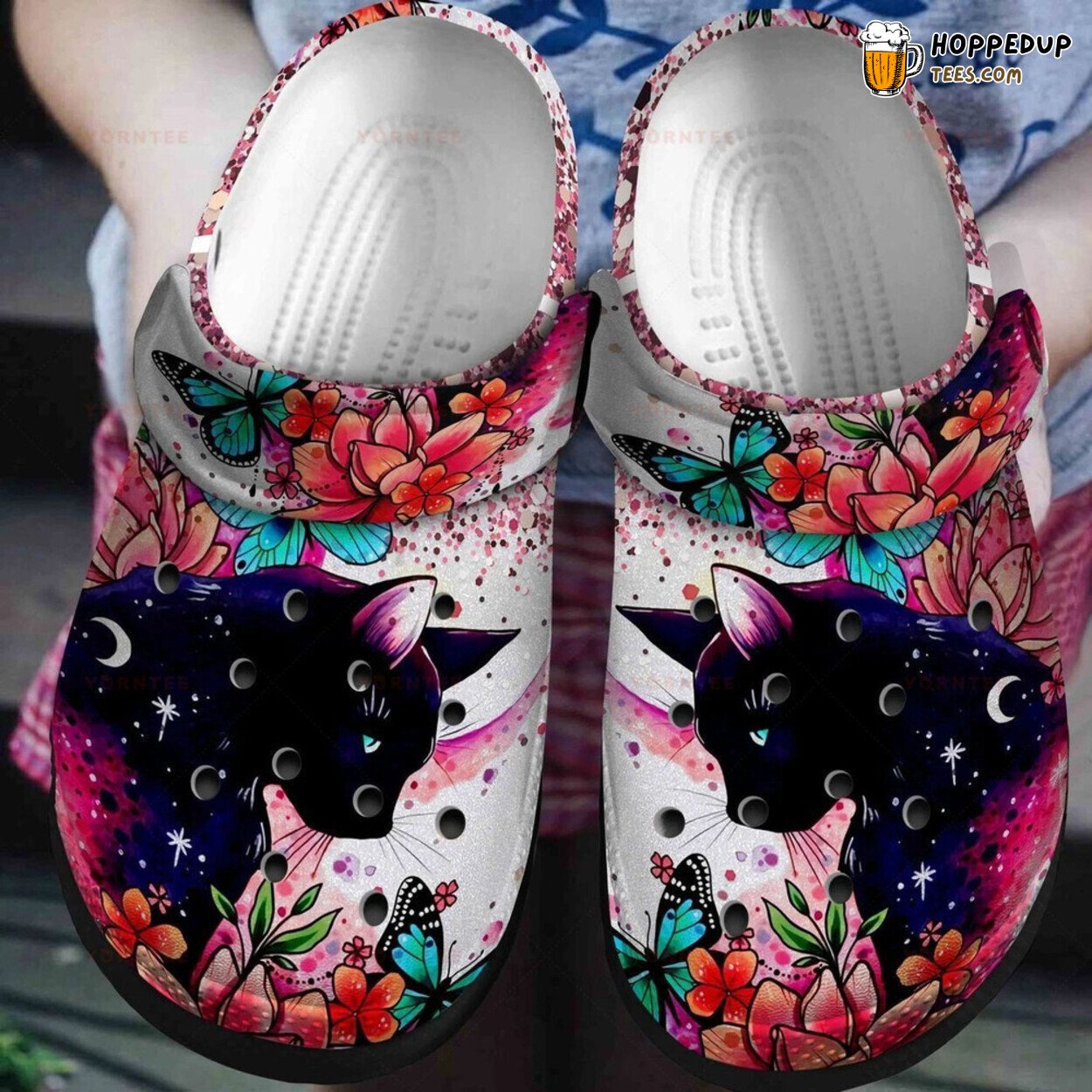 Romantic Black Cat Tropical Flower Lover Comfortable Rubber Clogs Shoes