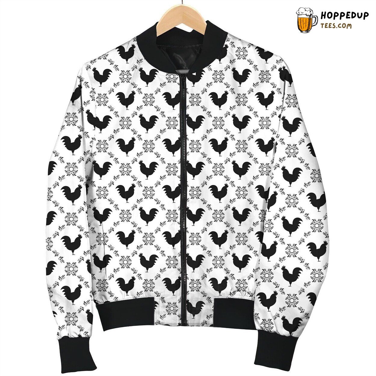 Rooster Black On White Pattern Bomber Jacket