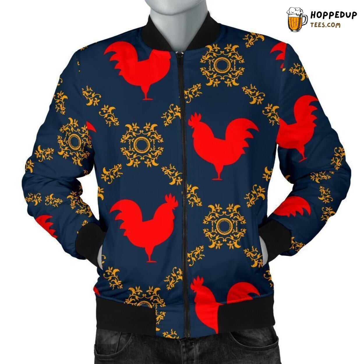 Rooster Farm Animal Design Men’s Bomber Jacket Distinct Pattern Showcase