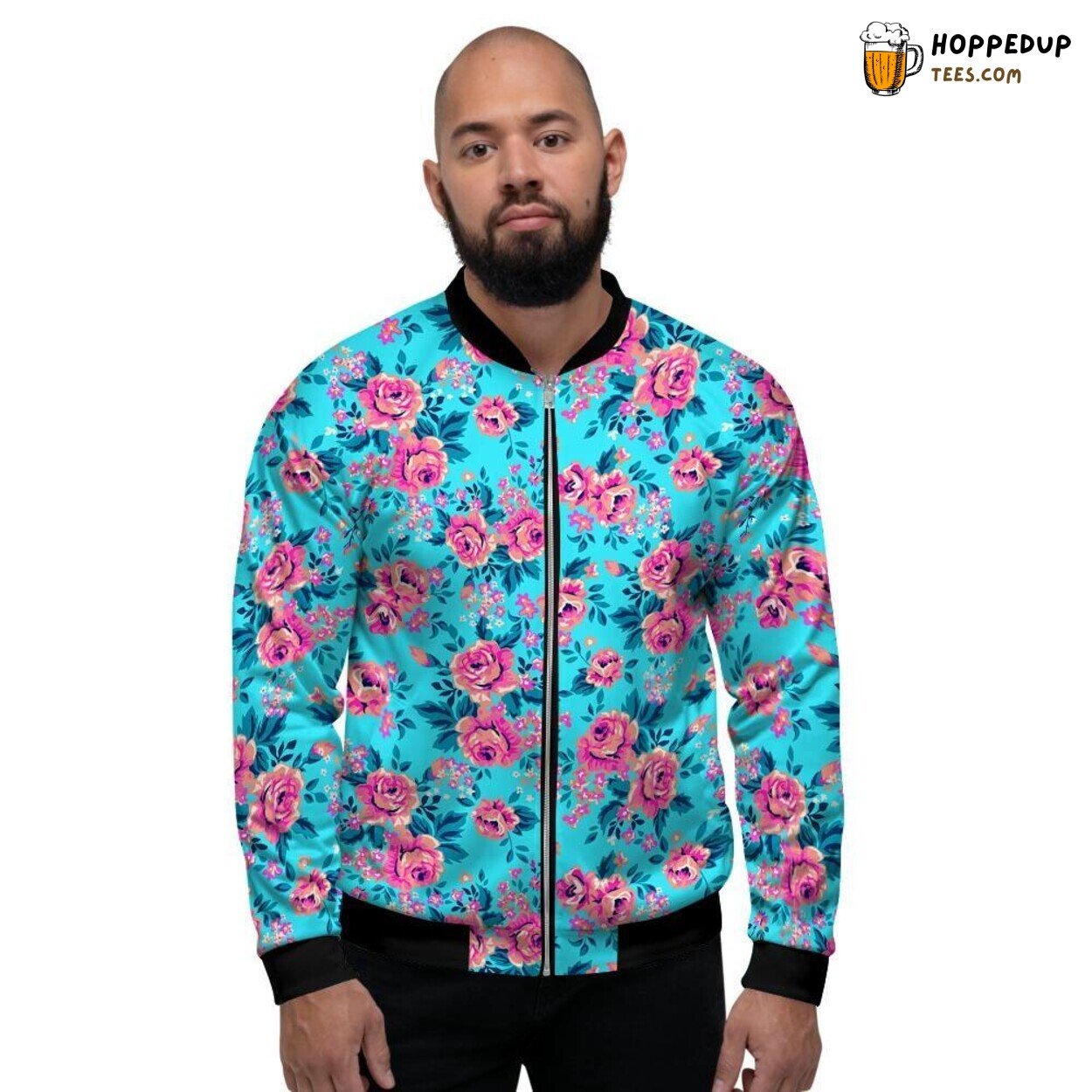 Rose Floral Artwork in Pink Blue Hues Men’s Bomber Jacket Nature Inspiration