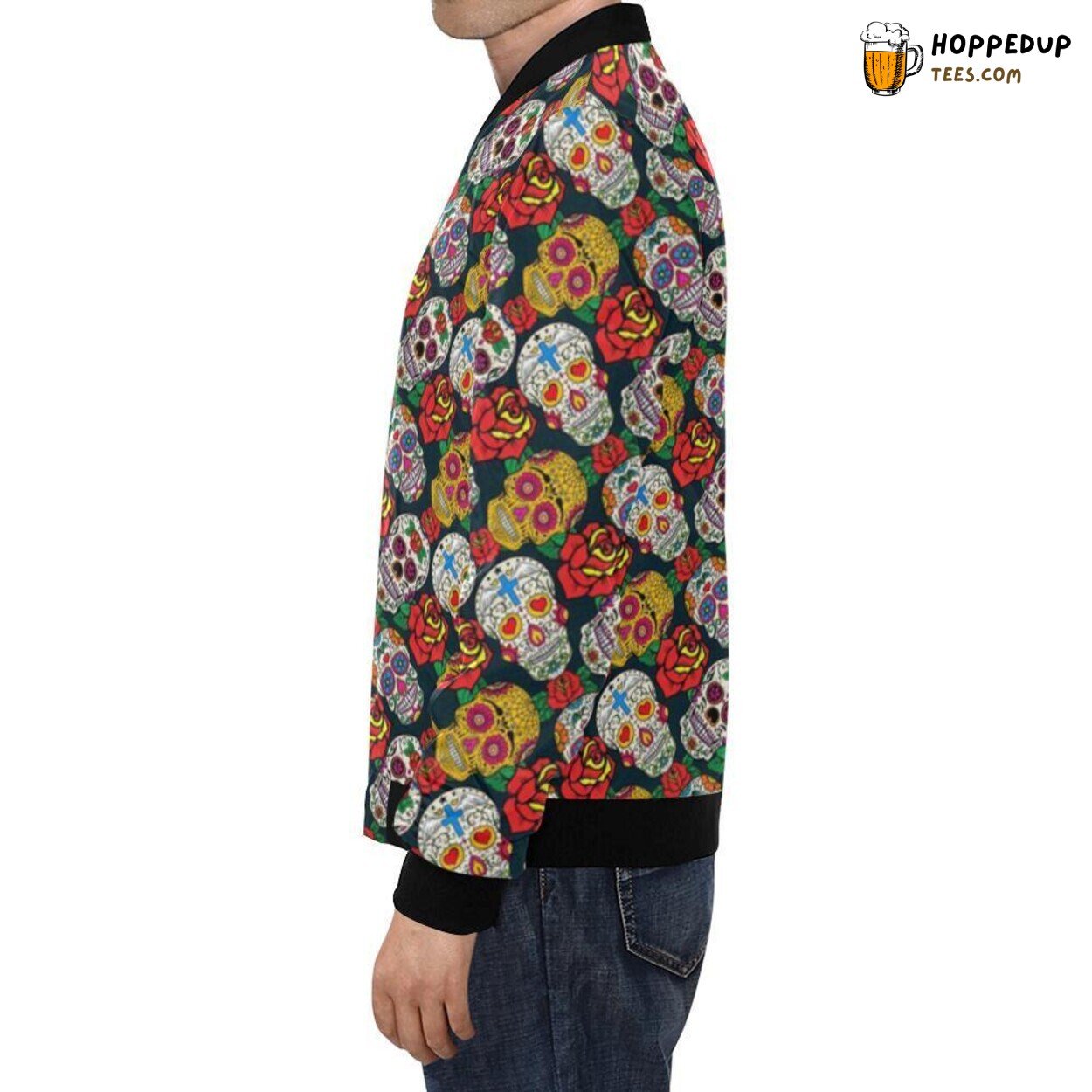 Rose Floral Pattern Sugar Skull Skeleton Girly Men’s Bomber Jacket Print