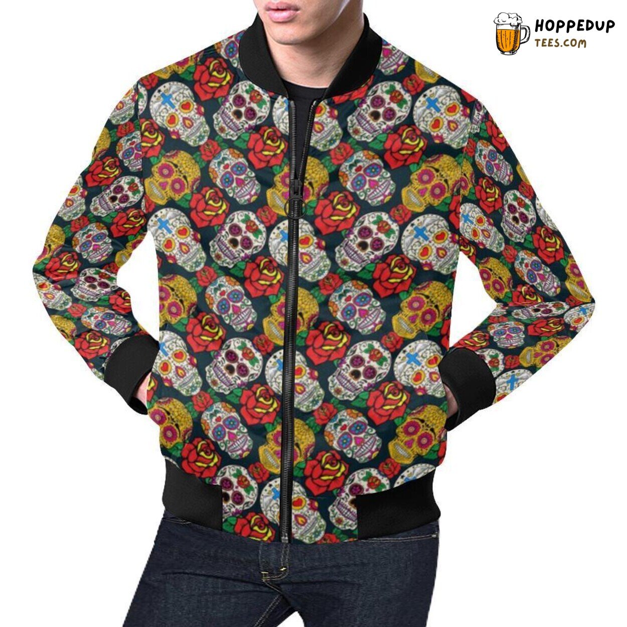 Rose Floral Pattern Sugar Skull Skeleton Girly Men’s Bomber Jacket Print