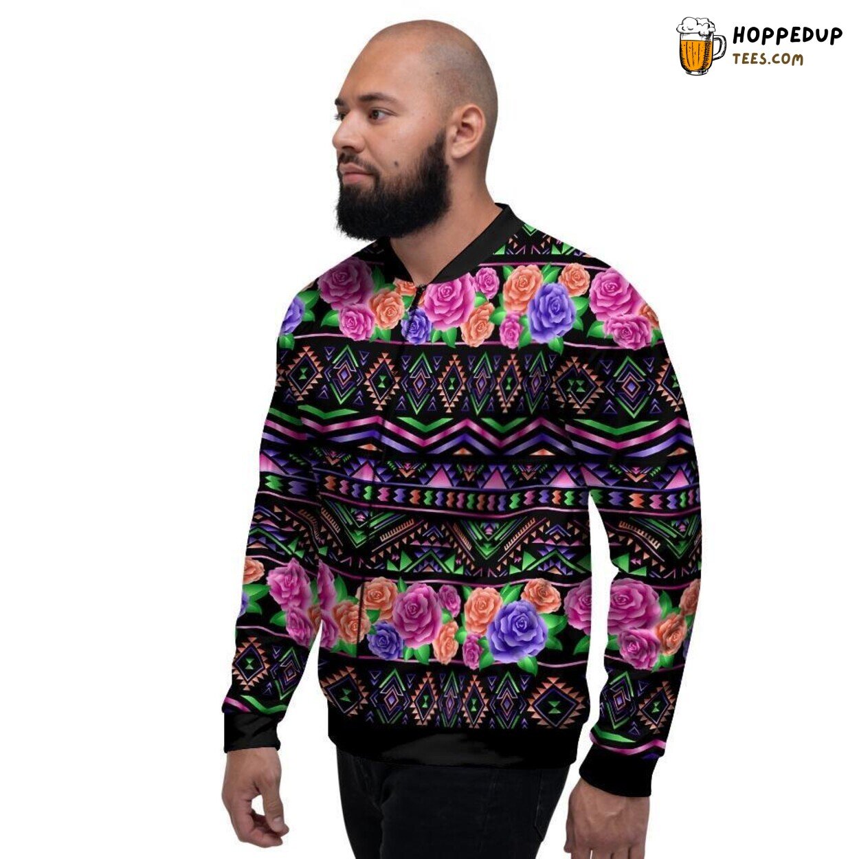 Roses Infused Ethnic Aztec Design Men’s Bomber Jacket Floral Tribal Fusion