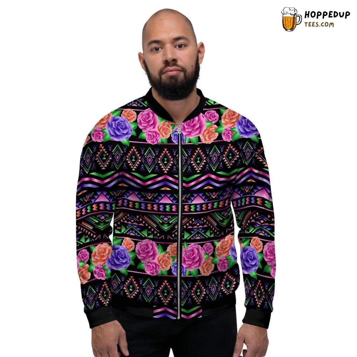 Roses Infused Ethnic Aztec Design Men’s Bomber Jacket Floral Tribal Fusion