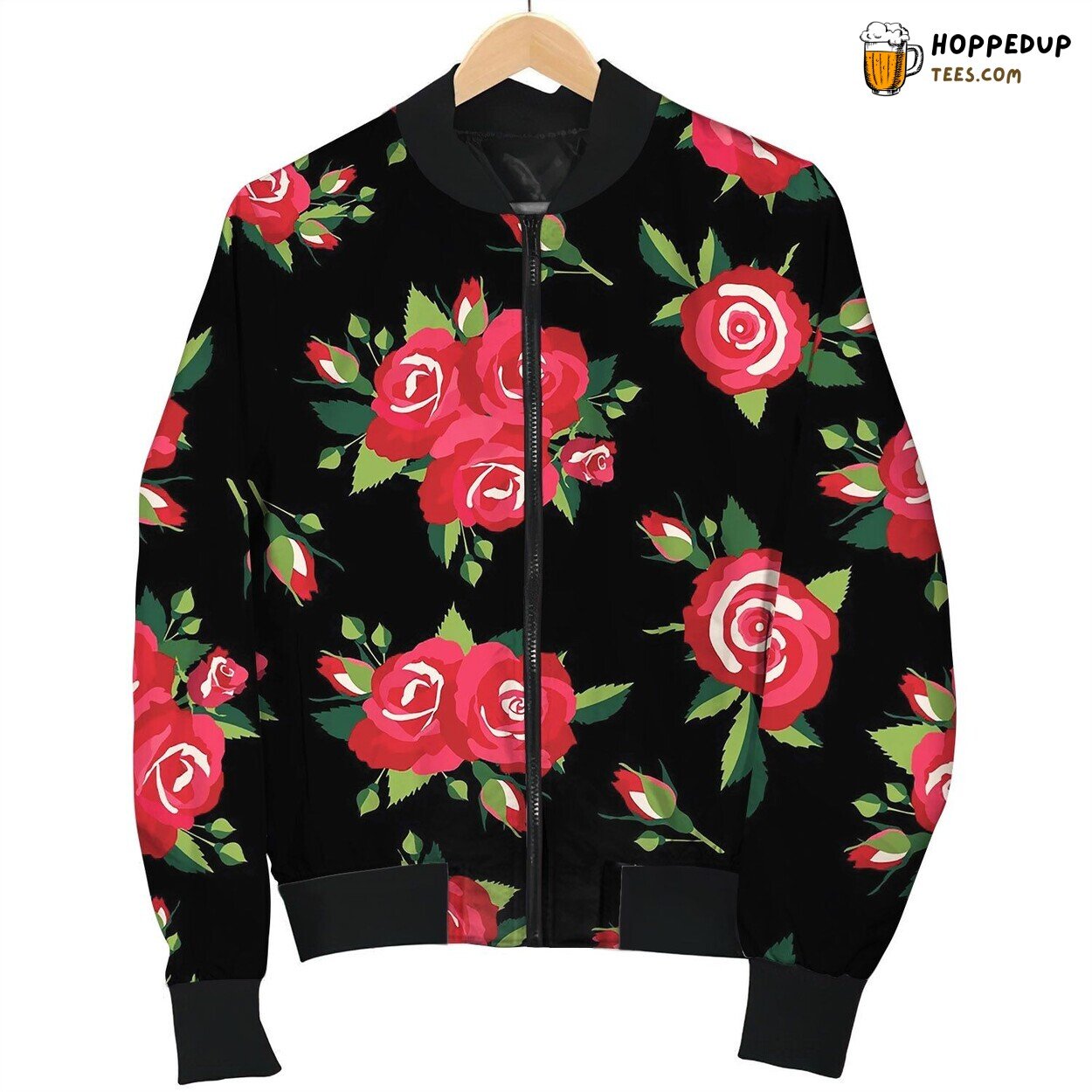 Roses Pattern On Black Bomber Jacket