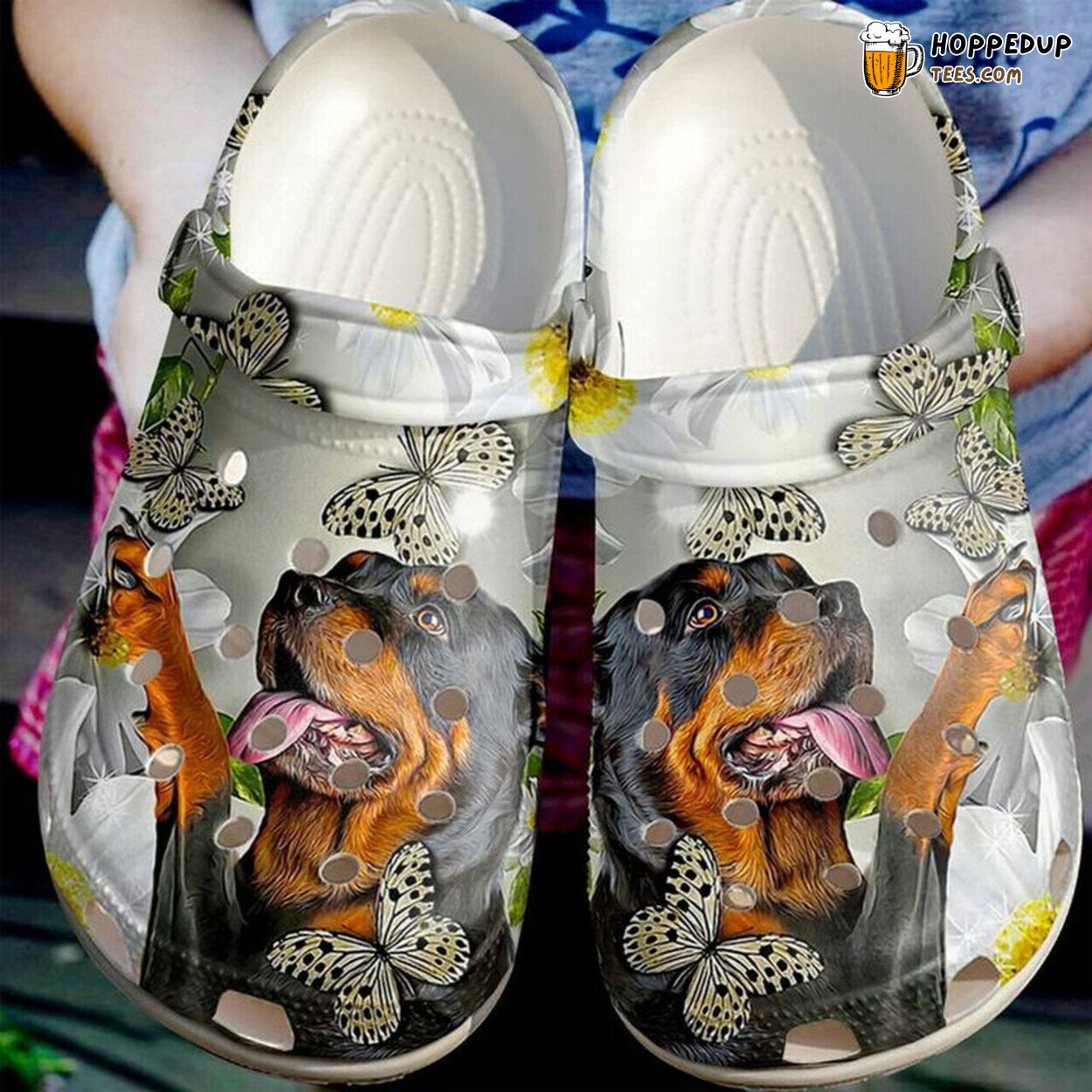 Rottweiler Daisy Butterfly Themed Rubber Clog Shoes Comfortable Pet Lover Gift