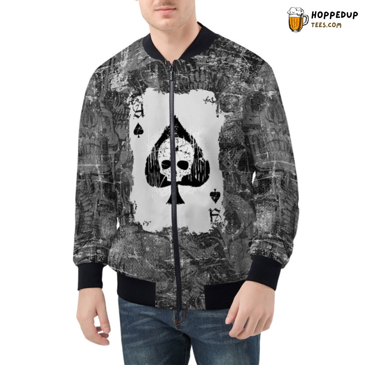 Rugged Edge Portrayed by Grunge Spade Skull Design Bomber Jacket