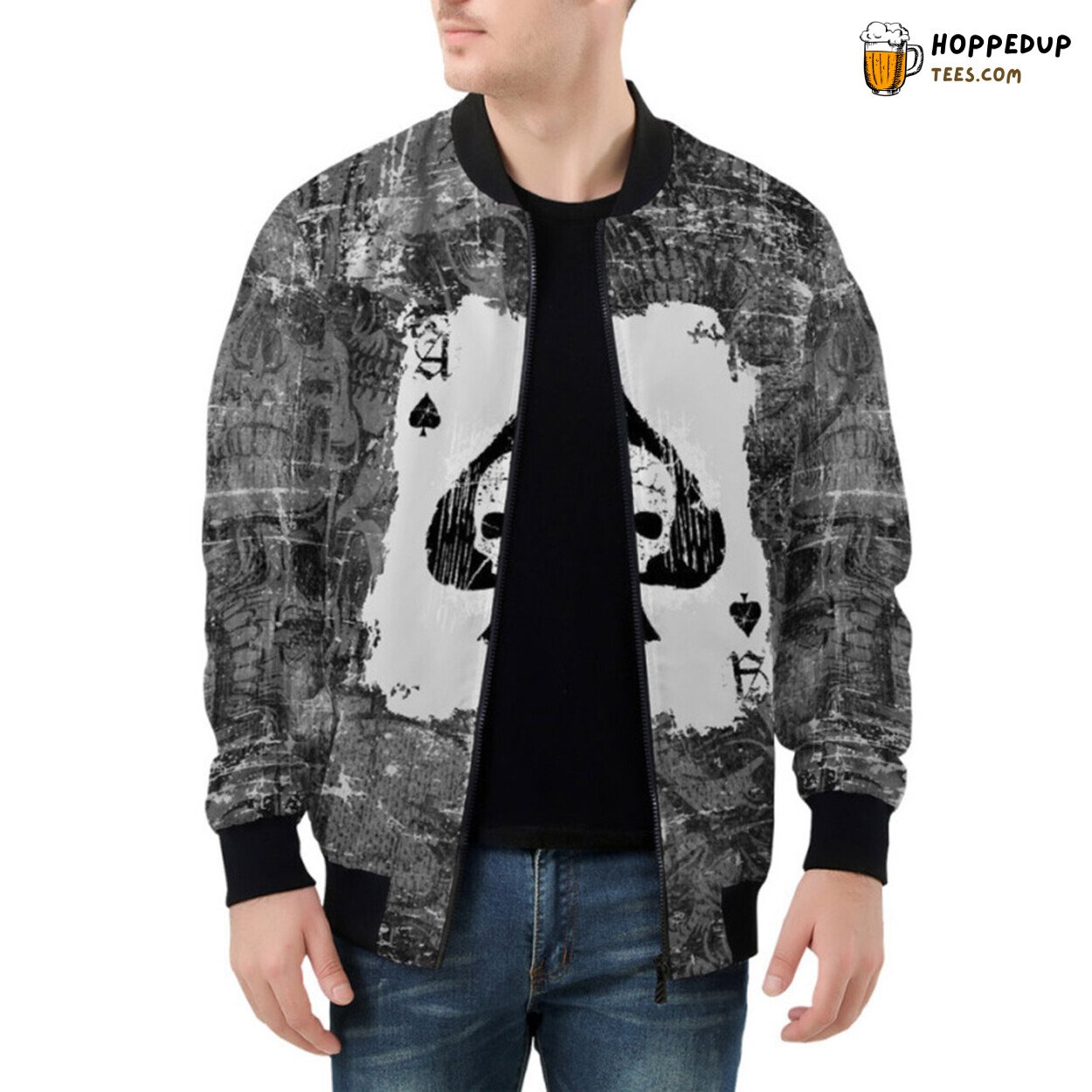 Rugged Edge Portrayed by Grunge Spade Skull Design Bomber Jacket