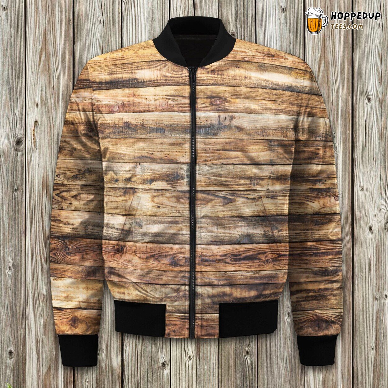 Rugged Wooden Board Pattern Winter Bomber Jacket Timber Inspired Fashion