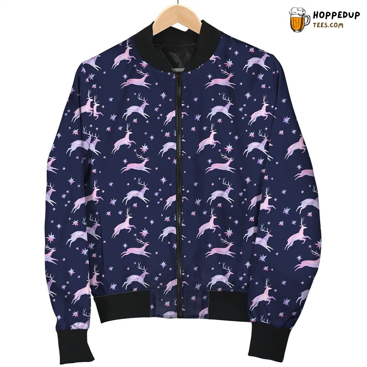 Running Deer Twinkle Star On Dark Background Seamless Bomber Jacket