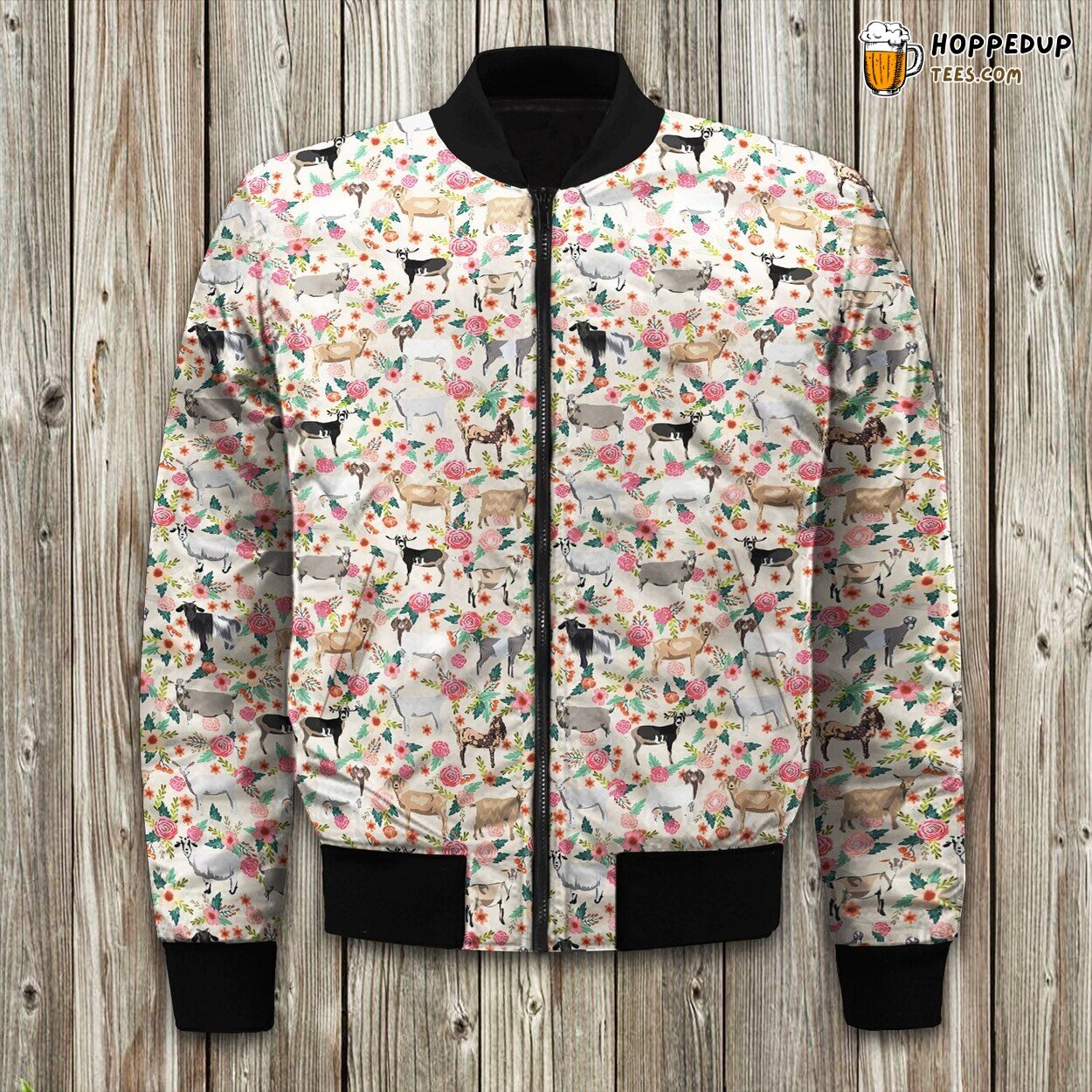 Rustic Floral Goats Design Bomber Jackets Winter Countryside