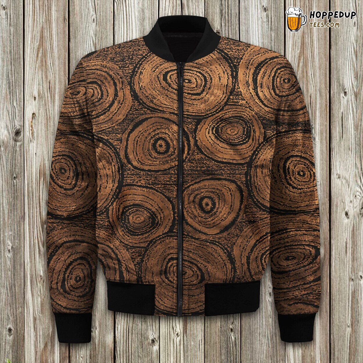 Rustic Wood Grain Pattern Winter Bomber Jacket Natural Texture Elegance