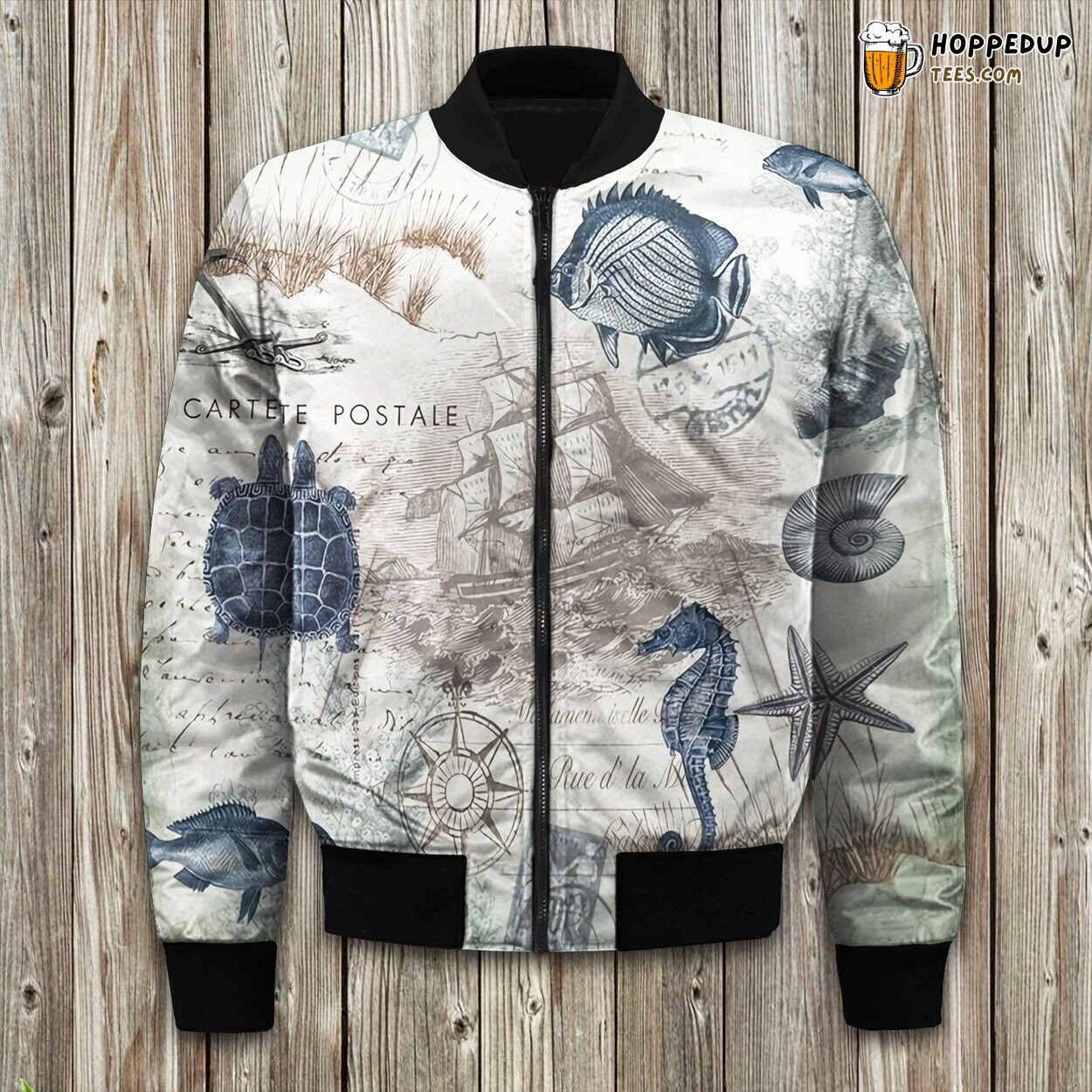 Sailing Inspired Nautical Print Winter Bomber Jacket Oceanic Elegance