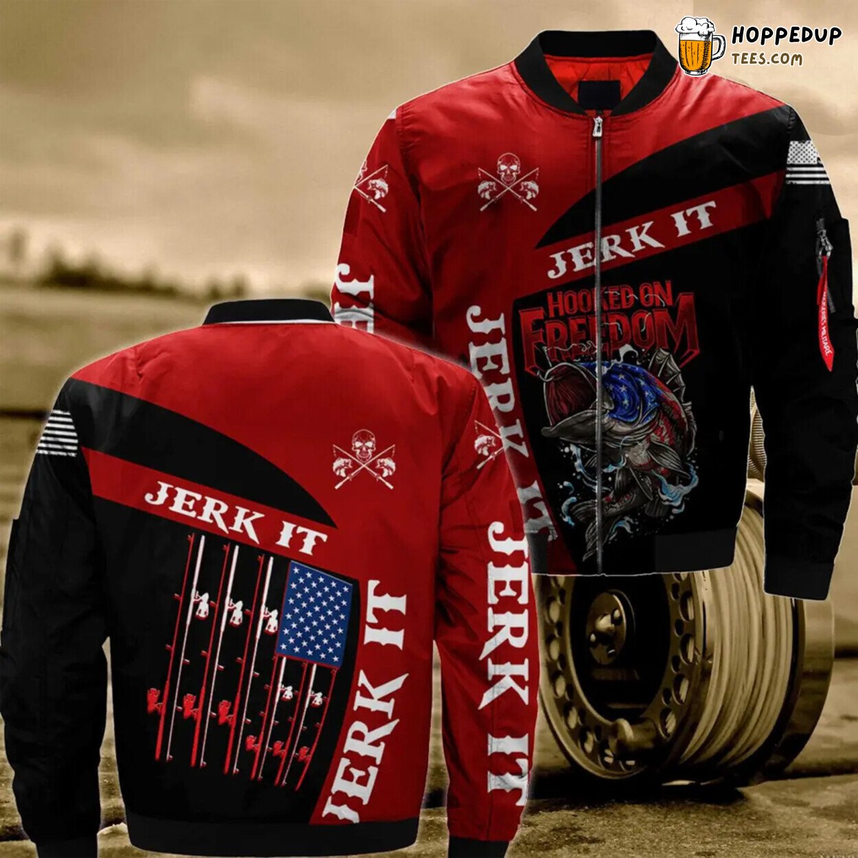 Salmon River NY Fishing Rod US Flag Hunting Gift Bomber Jacket
