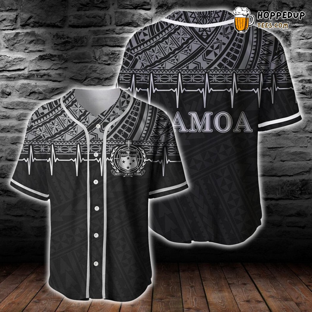 Samoa Polynesian Black White Heartbeat Style Baseball Tee Jersey Shirts 3D