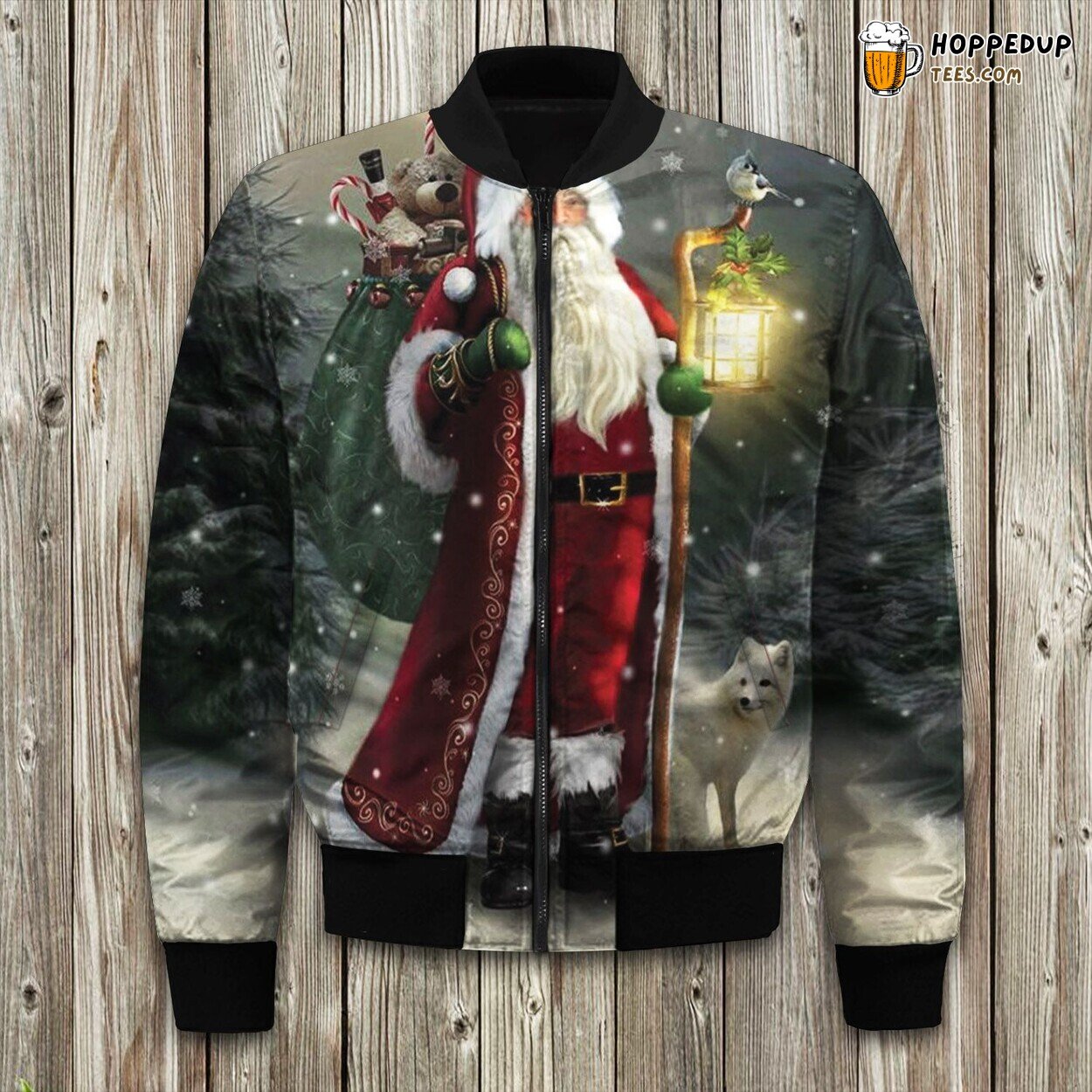 Santa Claus And White Wolf Christmas Bomber Jacket