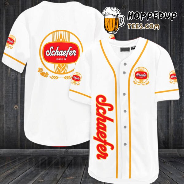 Schaefer Beer Inspired White Baseball Jersey Unique Design Distinctive Look