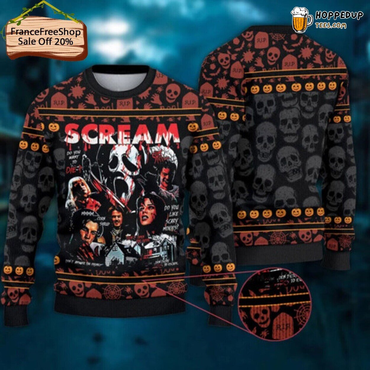 Scream Movie Themed Ugly Christmas Sweater Scary Xmas Festive Design