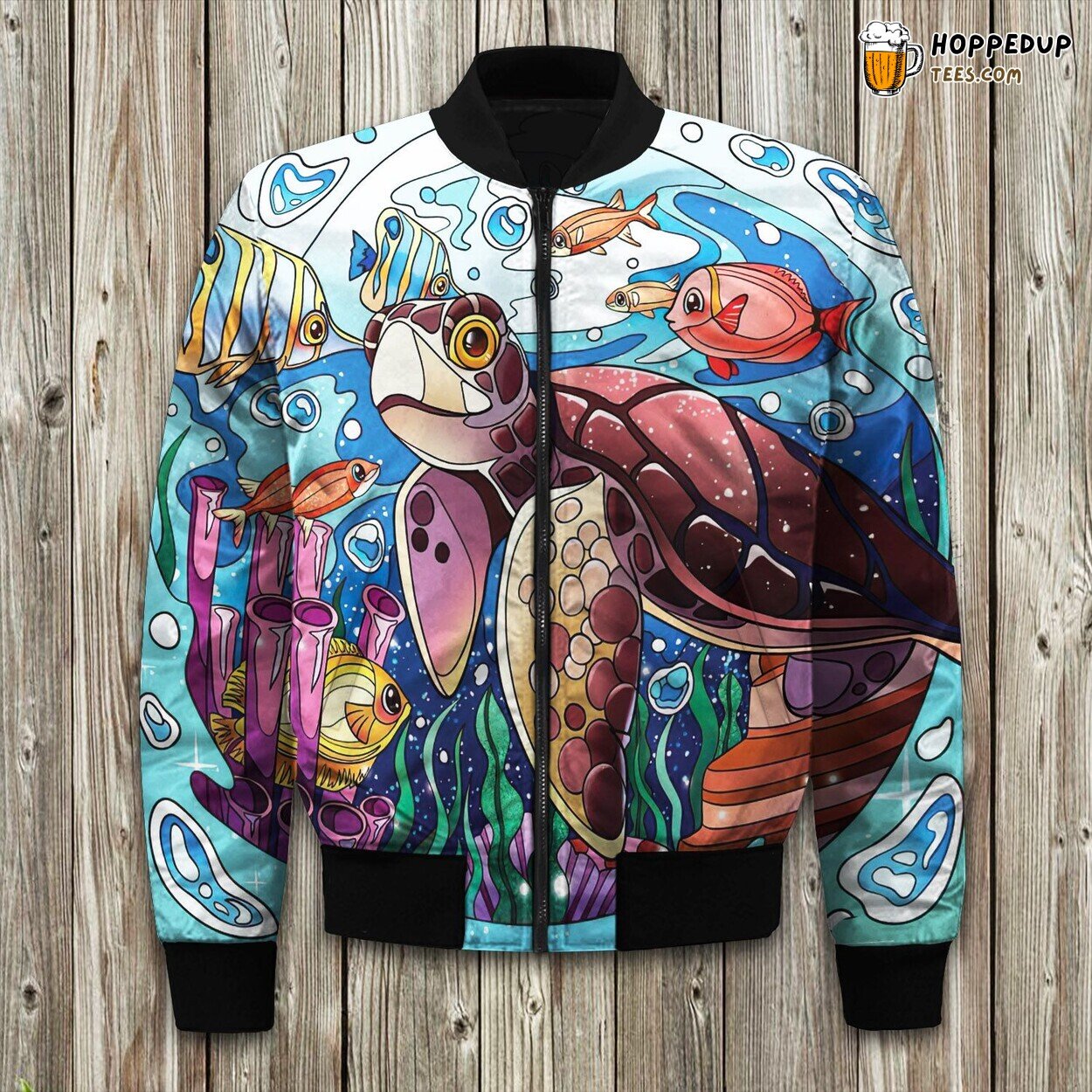 Sea Turtle Graphic Winter Bomber Jacket Ocean Conservation Style