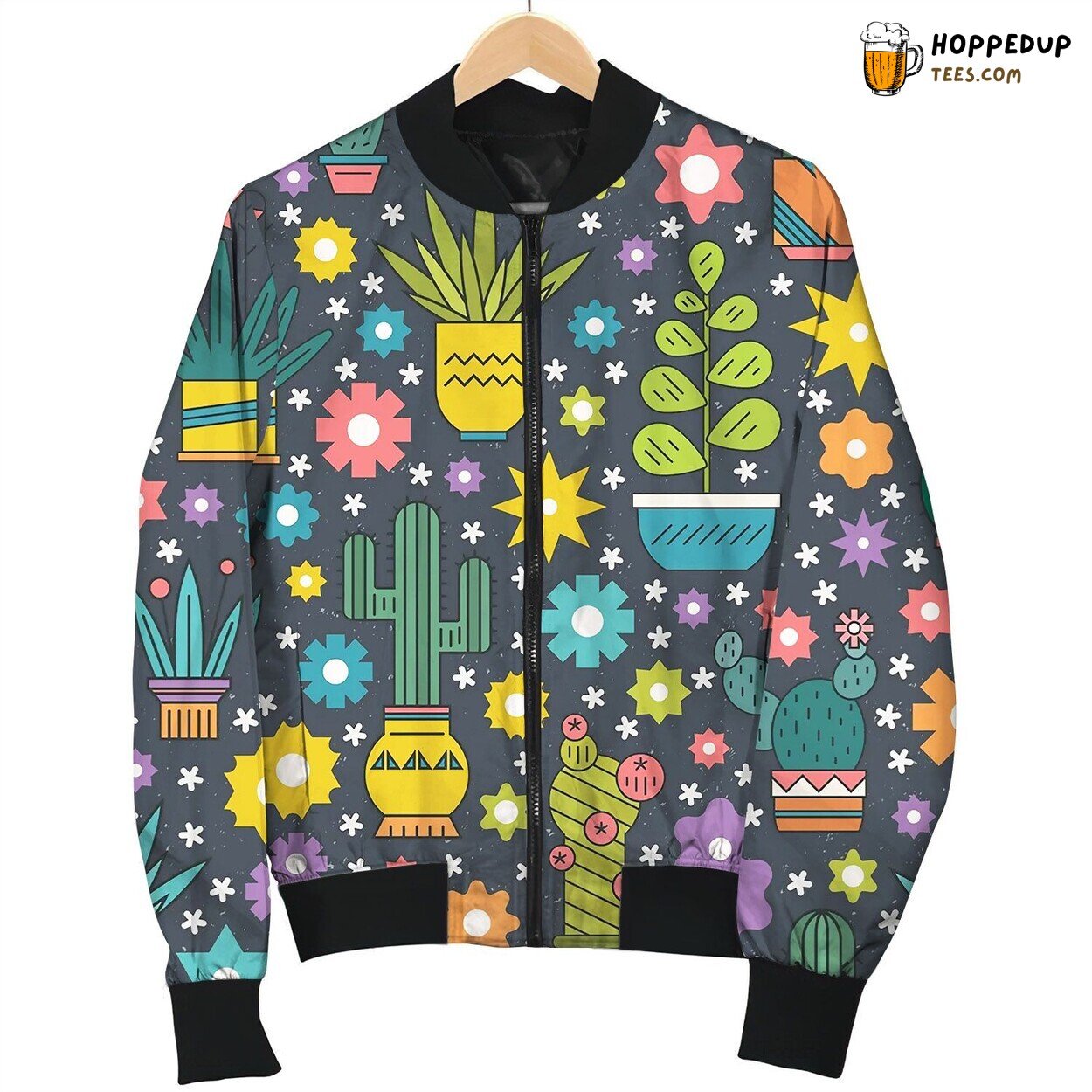 Seamless Cactus Pattern Bomber Jacket