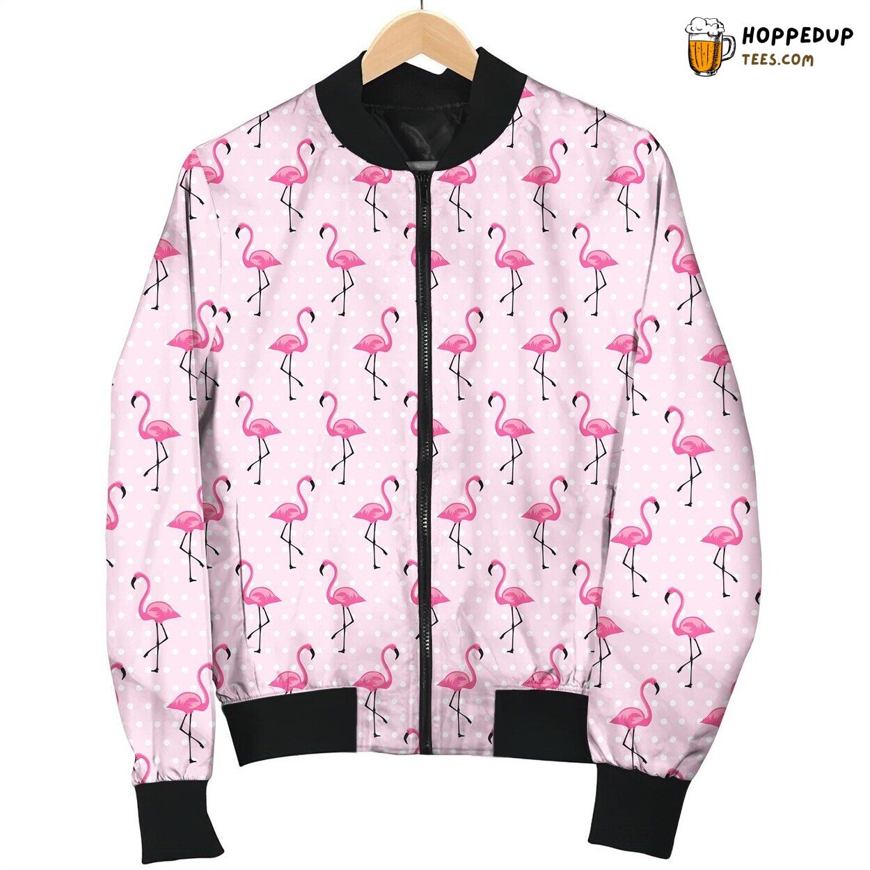 Seamless Fashion Pink Flamingo On Polka Dot Pink Background Bomber Jacket