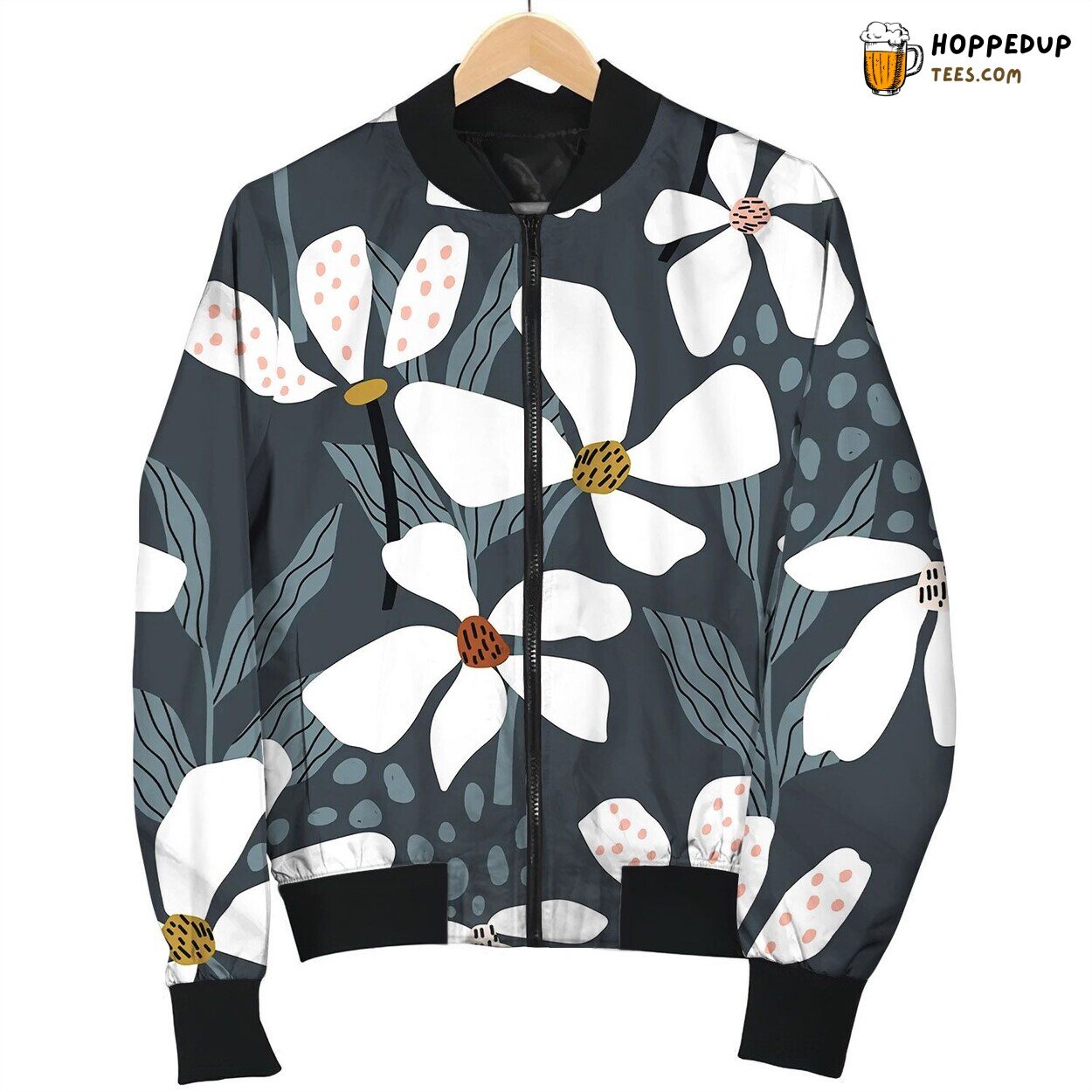 Seamless Floral Dark Blue Pattern With Leaves Bomber Jacket