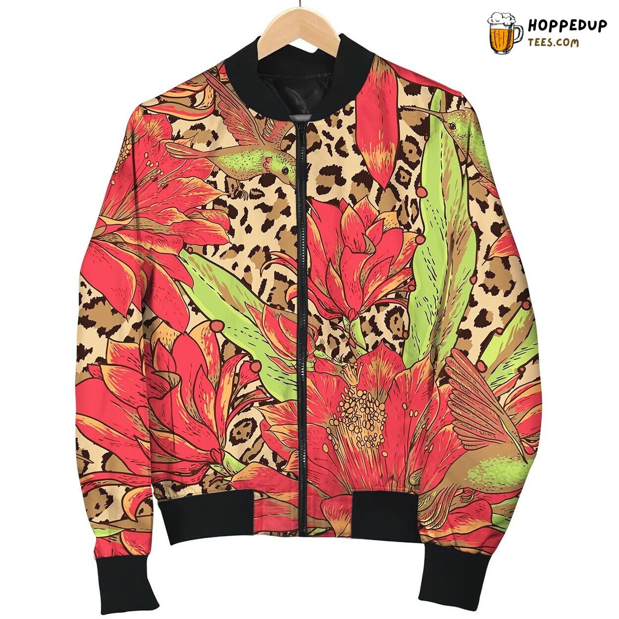 Seamless Floral Pattern On Leopard Bomber Jacket
