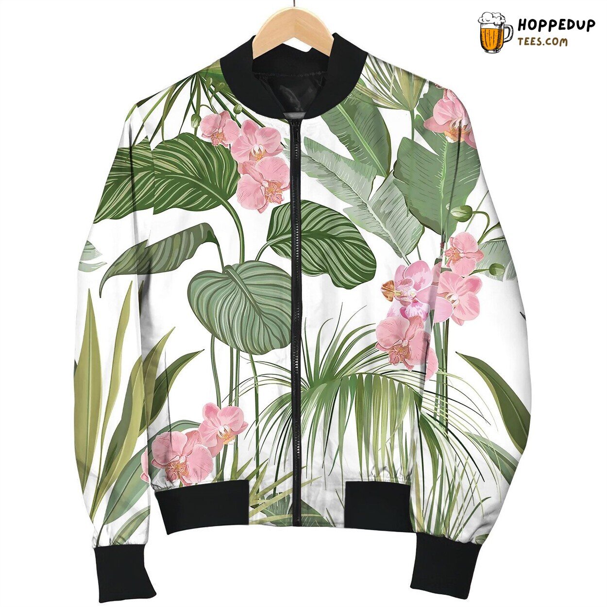 Seamless Floral Tropical Print With Exotic Orchid Bomber Jacket