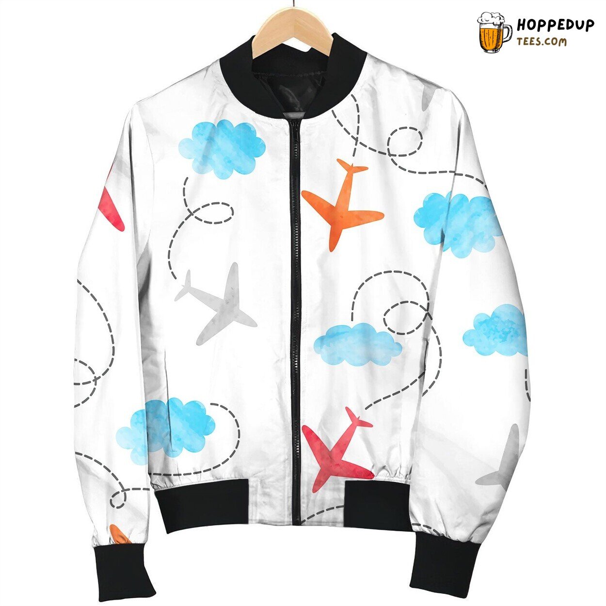 Seamless Kid Pattern Watercolor Planes Clouds Bomber Jacket