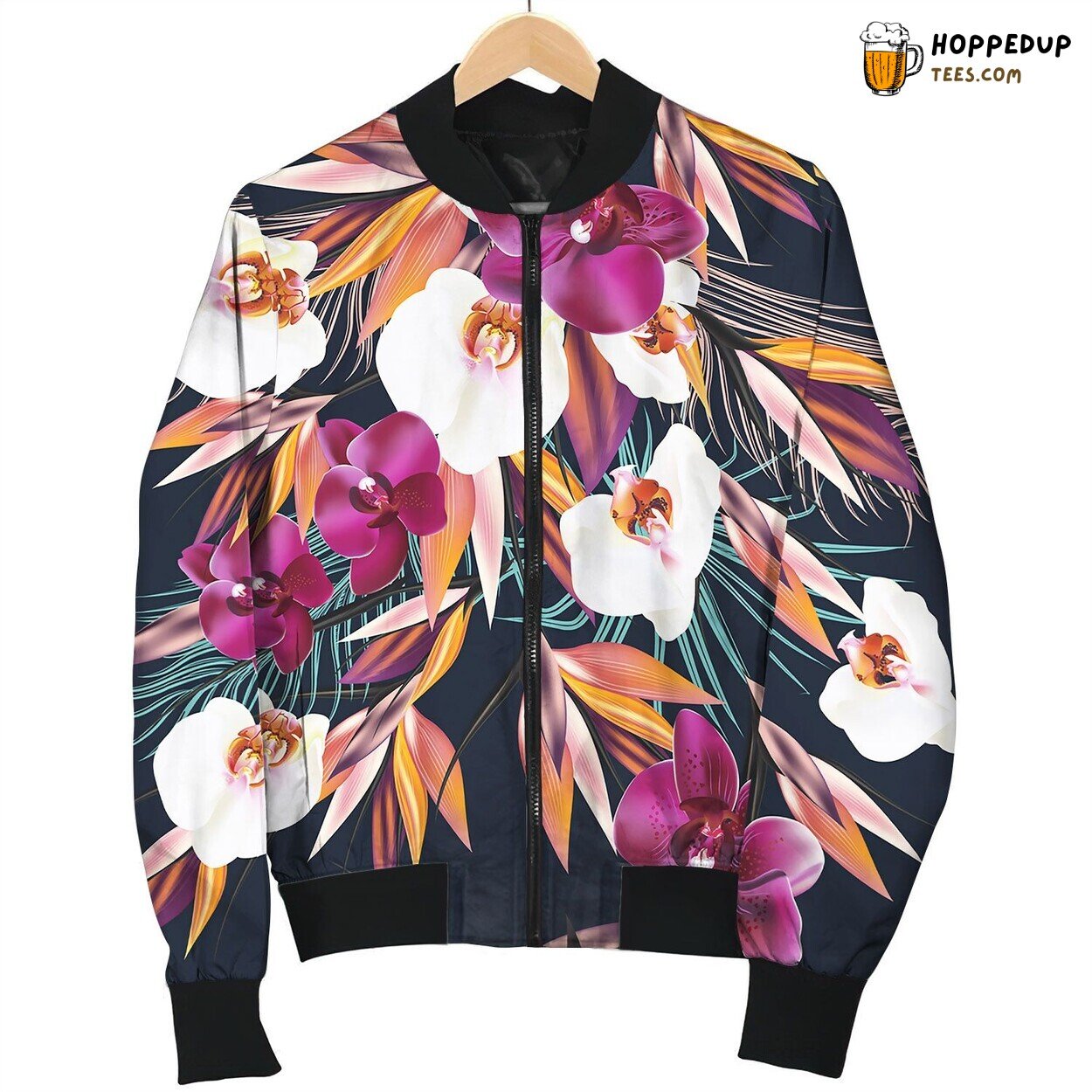 Seamless On A Tropical Theme Palm And Orchids Bomber Jacket