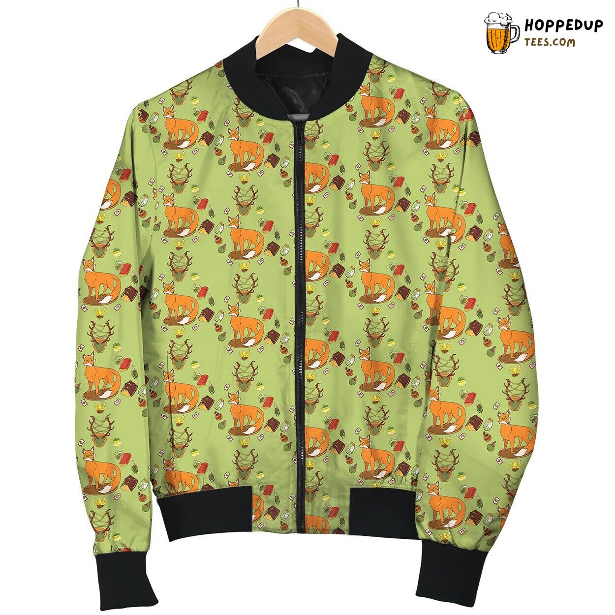 Seamless Orange Fox Texture On Green Background Bomber Jacket