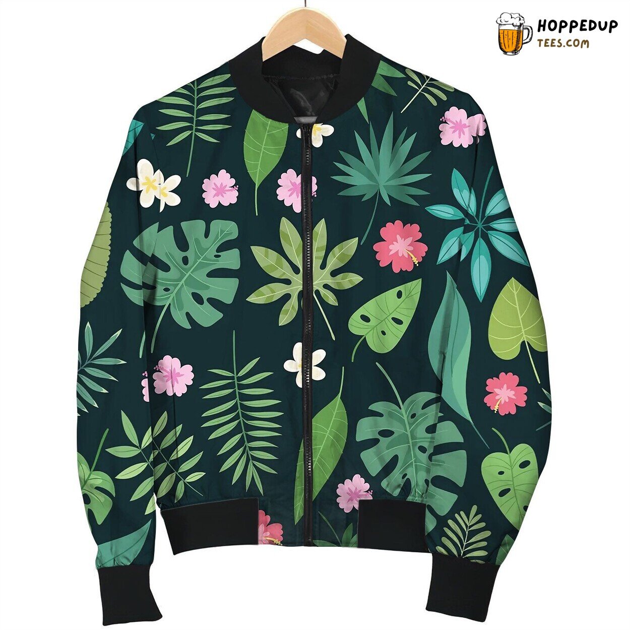 Seamless Palm Leaves And Flowers Exotic Bomber Jacket