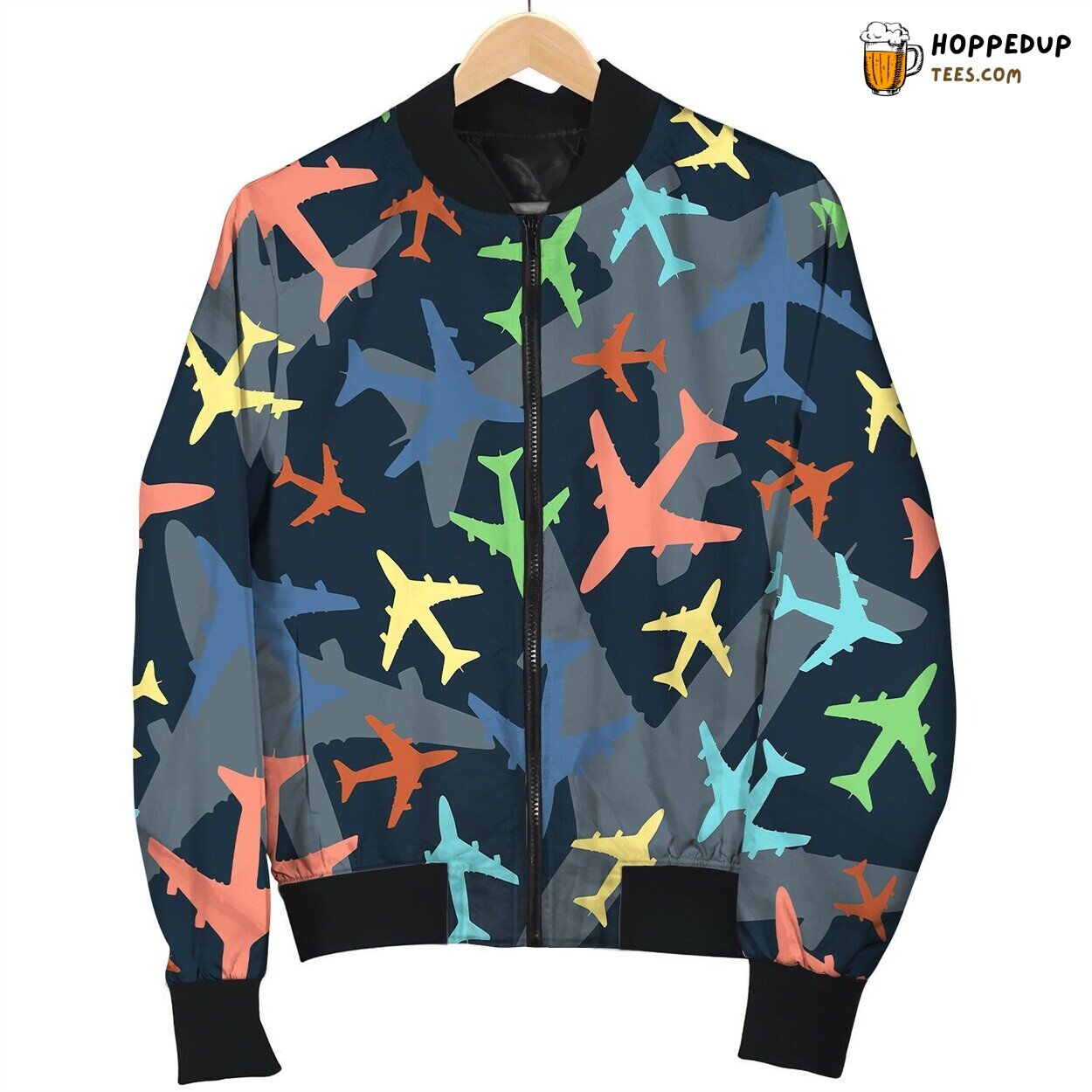 Seamless Pattern Airplanes Dark Background Multicolored Bomber Jacket