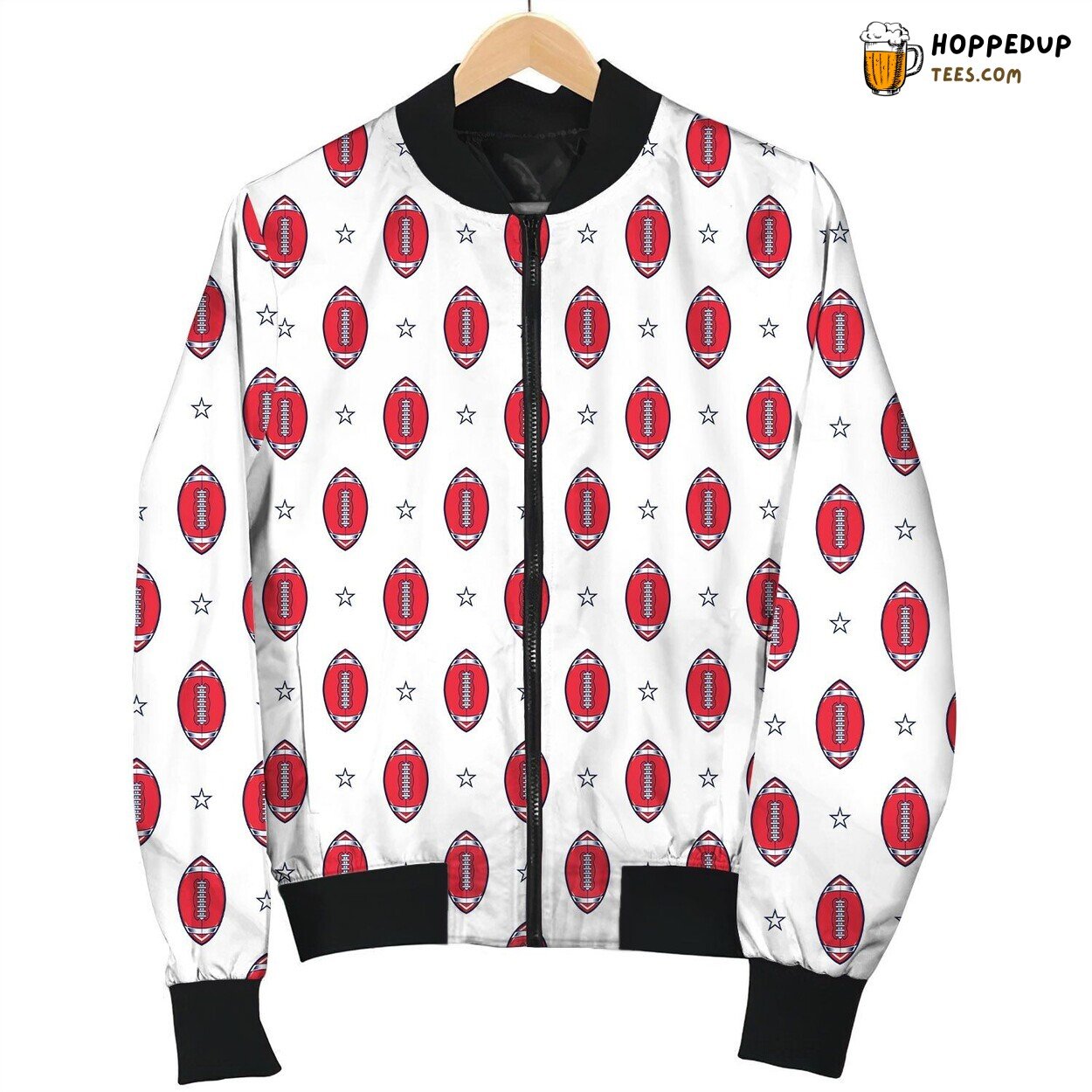 Seamless Pattern American Football Ball With White Star Bomber Jacket