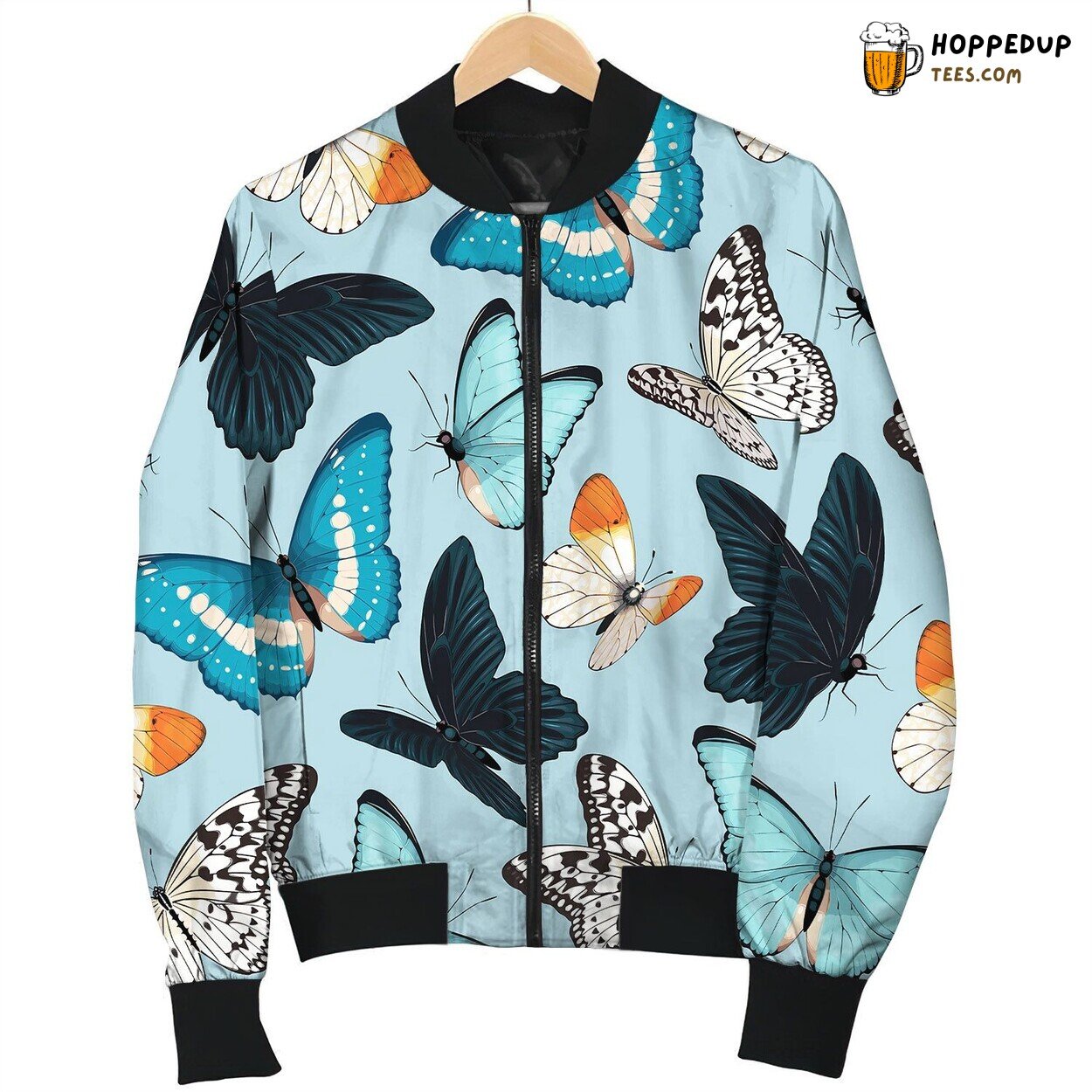 Seamless Pattern Blue Yellow Butterflies Bomber Jacket