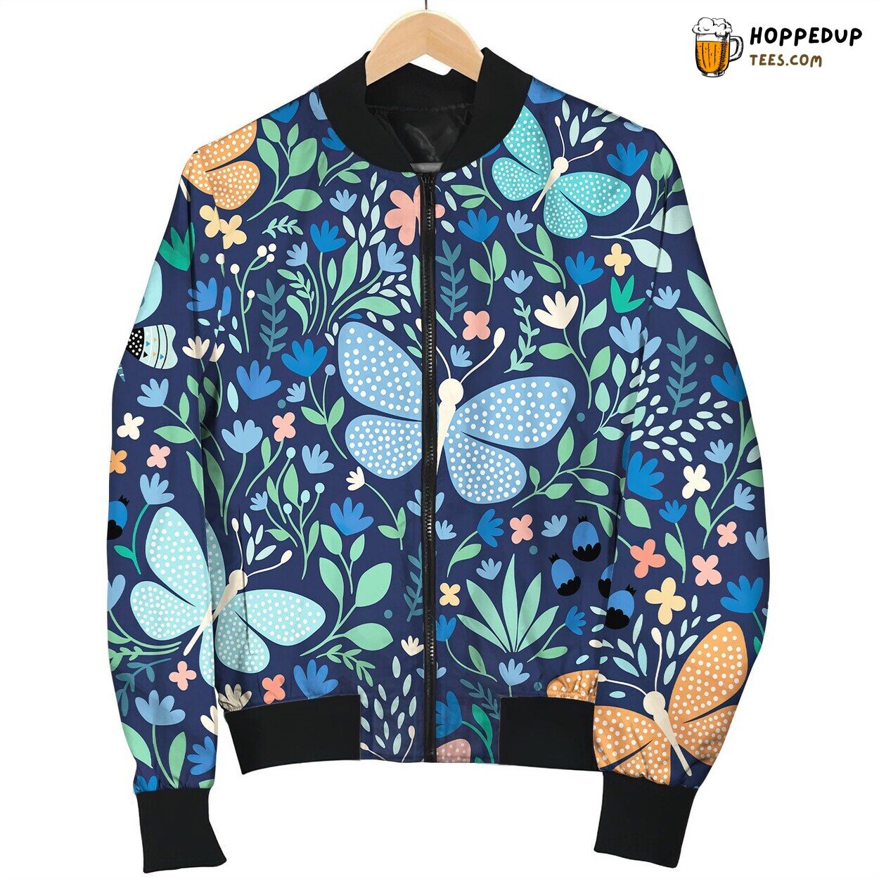 Seamless Pattern Butterflies Flowers Bomber Jacket