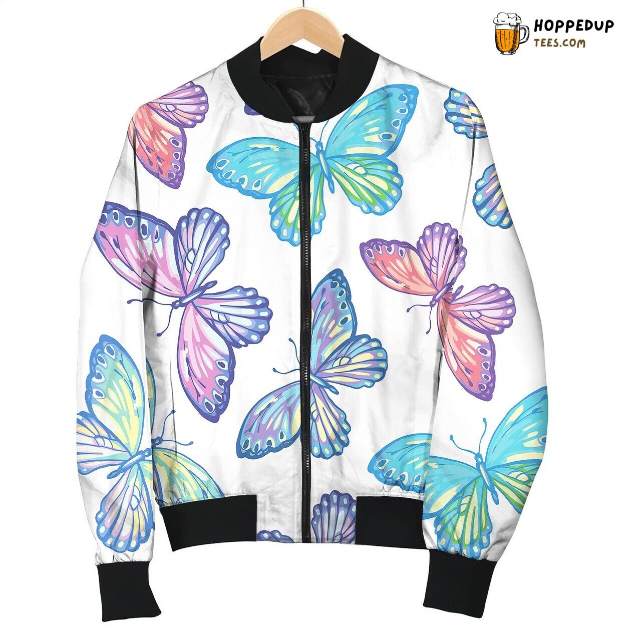 Seamless Pattern Colorful Butterfly On White Bomber Jacket