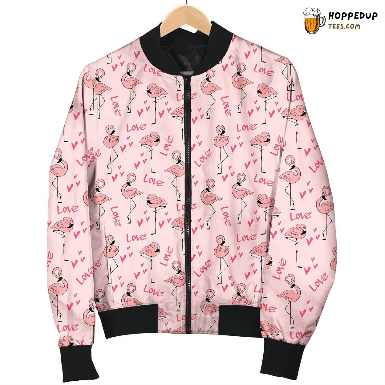 Seamless Pattern Cute Pink Flamingos Love And Heart Drawing Bomber Jacket
