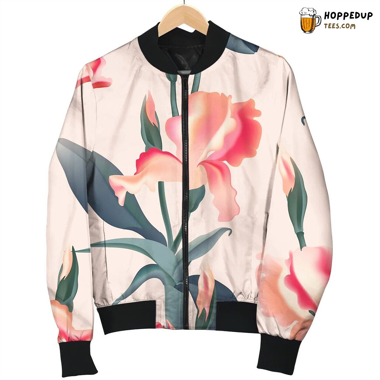 Seamless Pattern Floral Background Irises Leaves Bomber Jacket