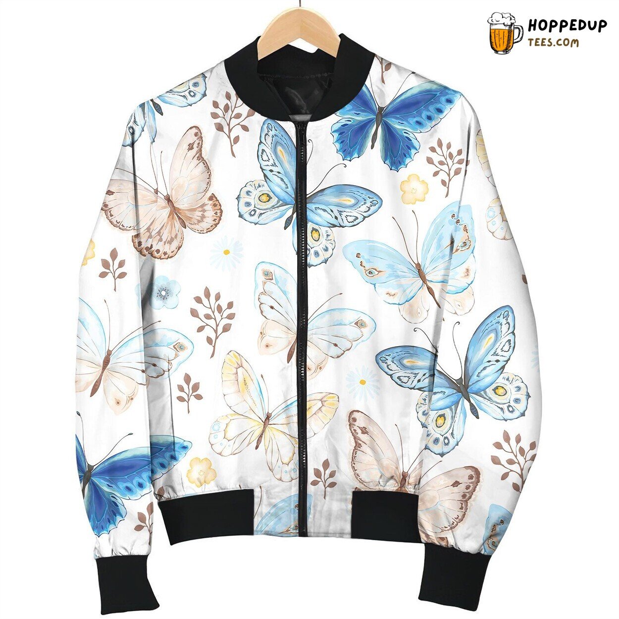 Seamless Pattern Flying Butterflies Blue Yellow Bomber Jacket