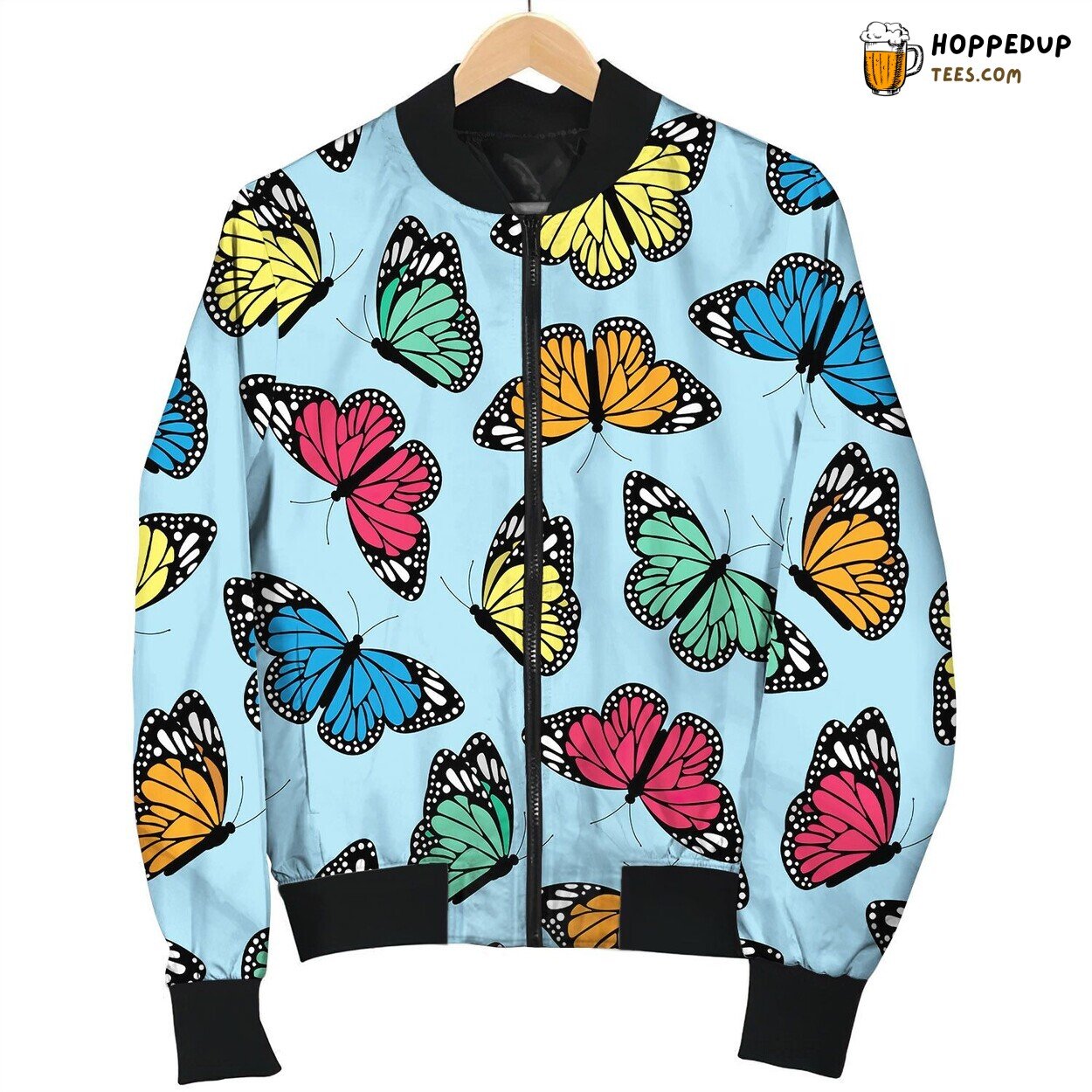 Seamless Pattern Flying Multicolored Butterflies On Bomber Jacket