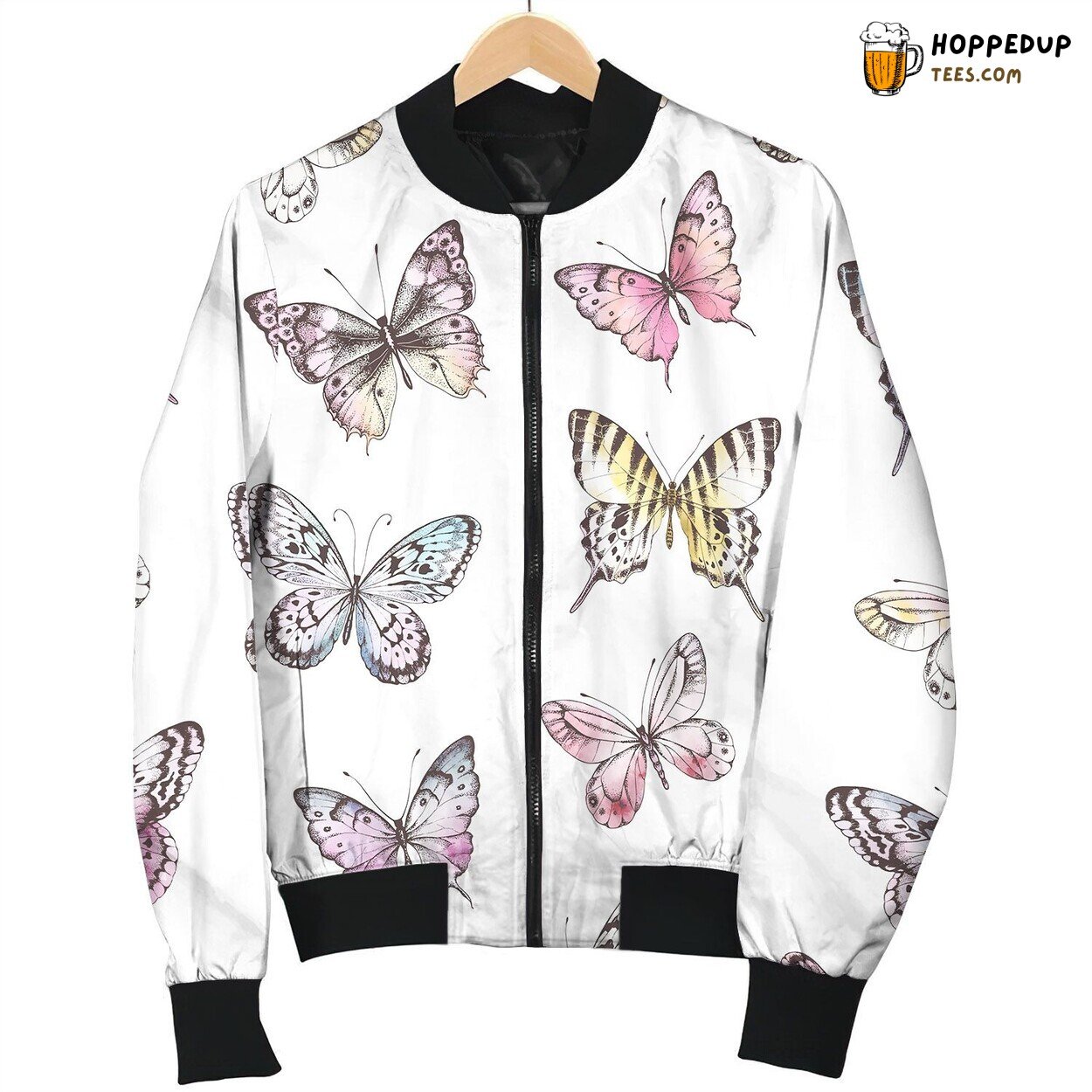 Seamless Pattern Hand Drawn Silhouette Butterflies Bomber Jacket