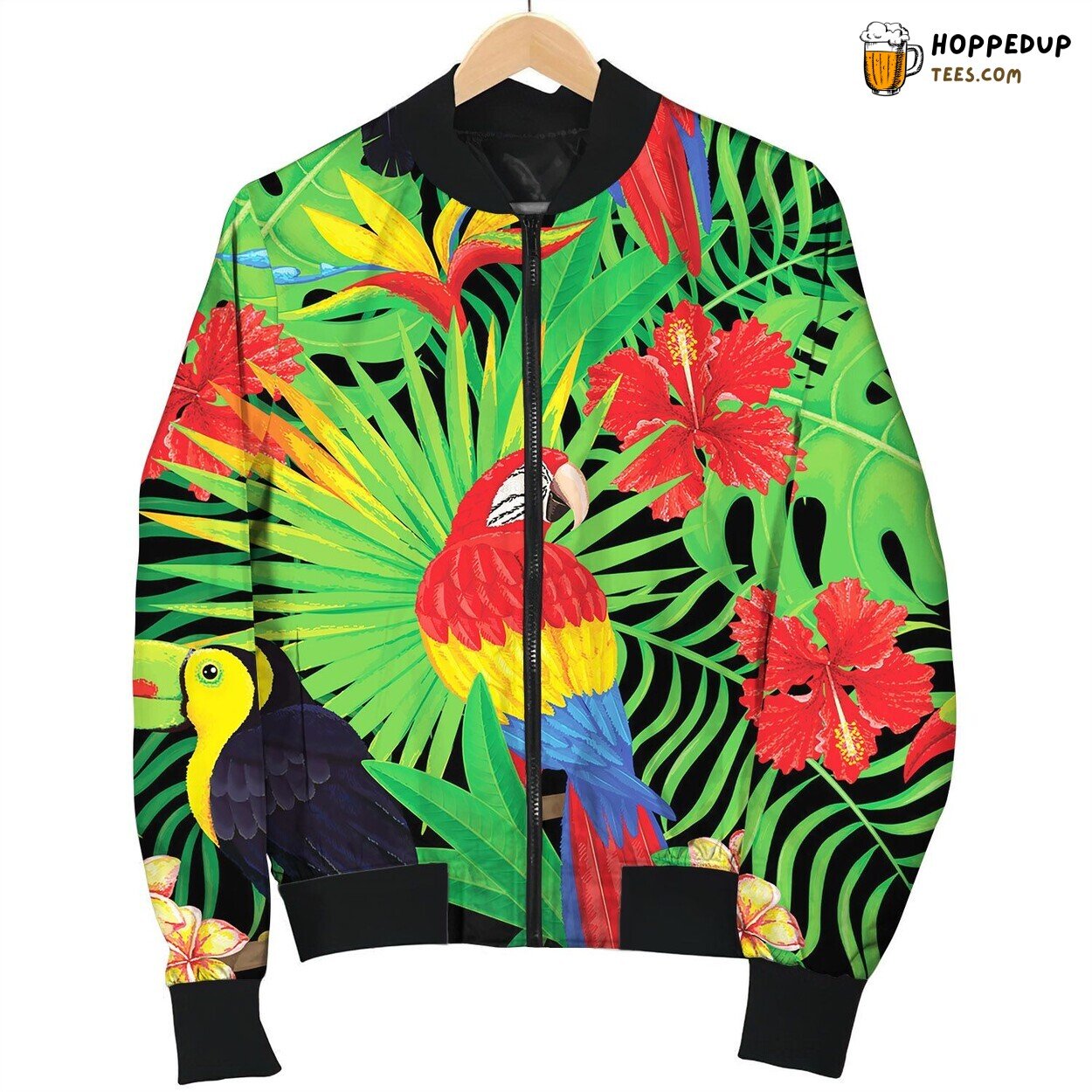 Seamless Pattern Of Tropical Bird Leaves Bomber Jacket