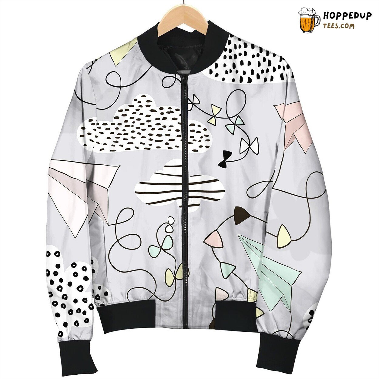 Seamless Pattern Paper Airplanes Clouds Hand Bomber Jacket