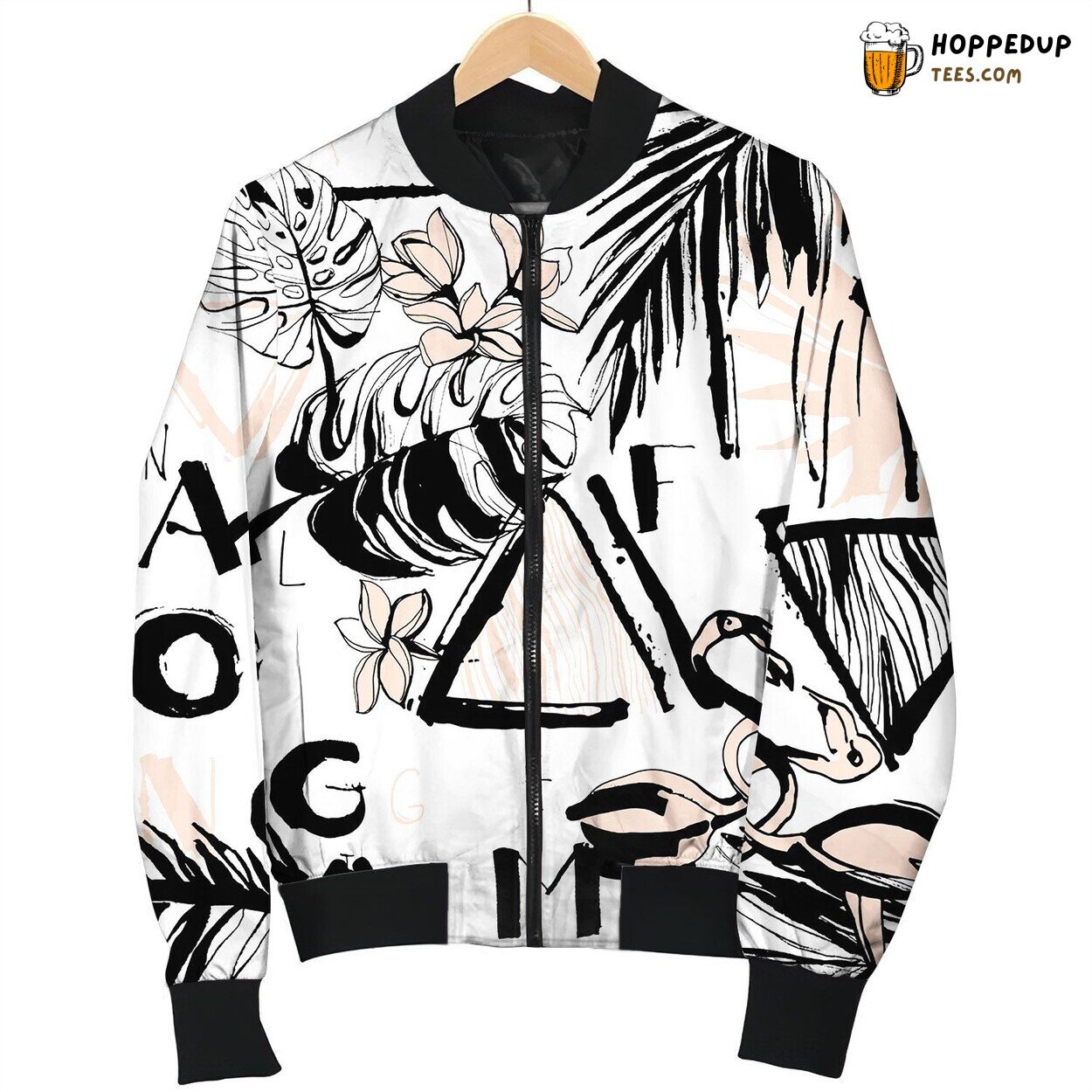 Seamless Pattern Tropical Birds Palms Flowers Bomber Jacket