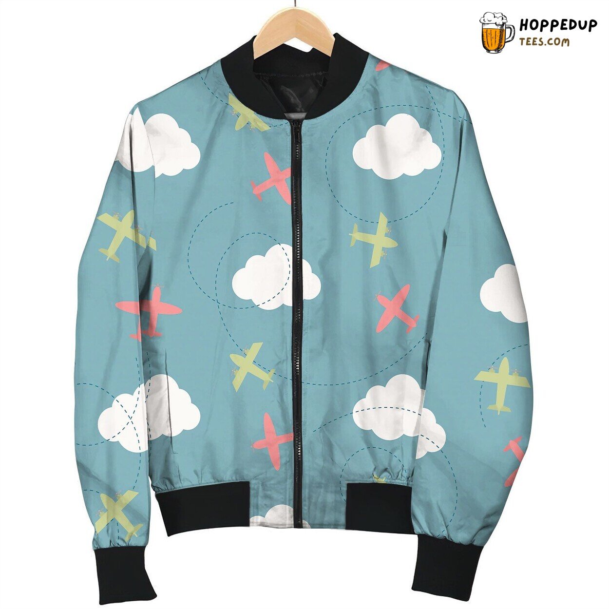 Seamless Pattern White Clouds Red Bomber Jacket
