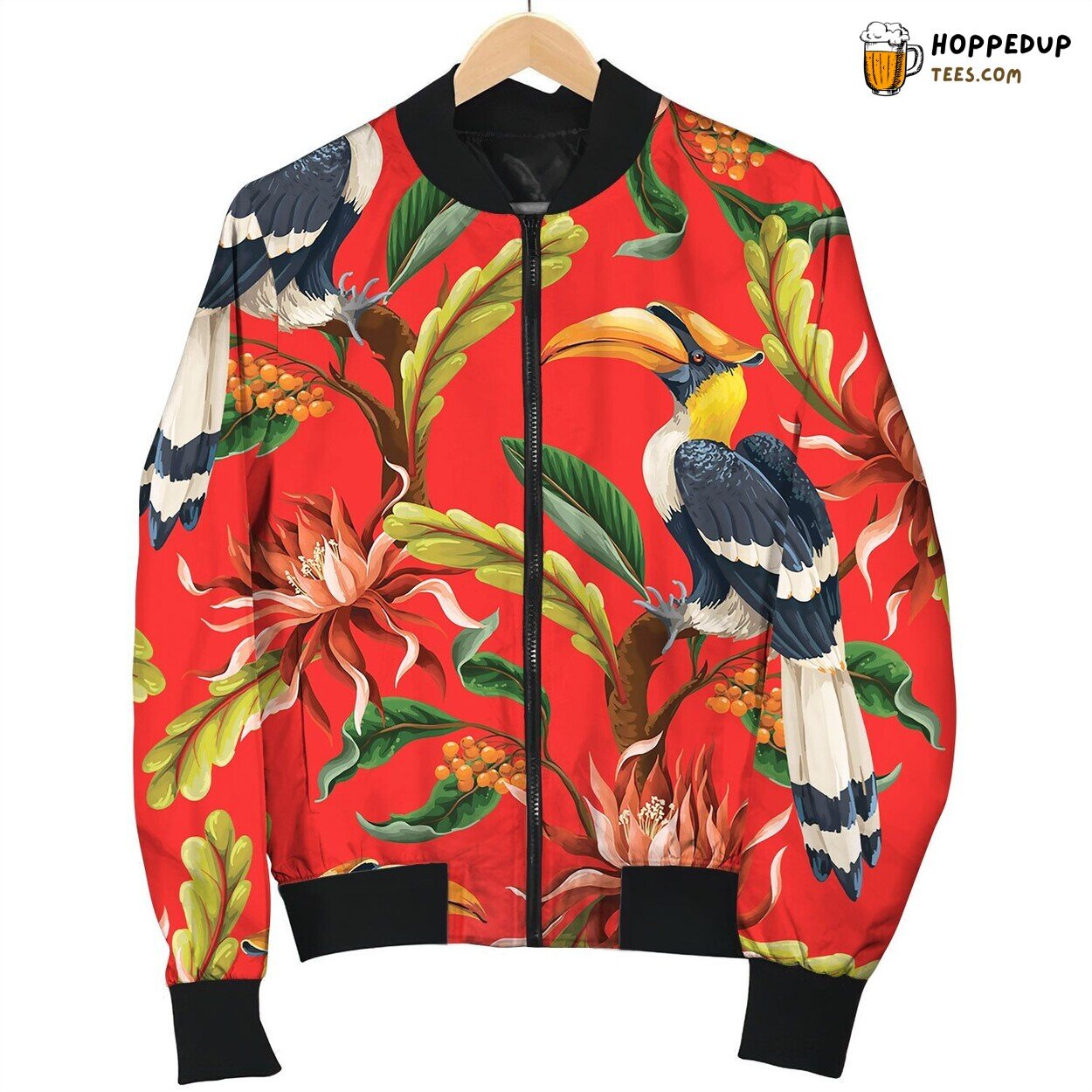 Seamless Pattern With Birds And Tropical Leaves Bomber Jacket