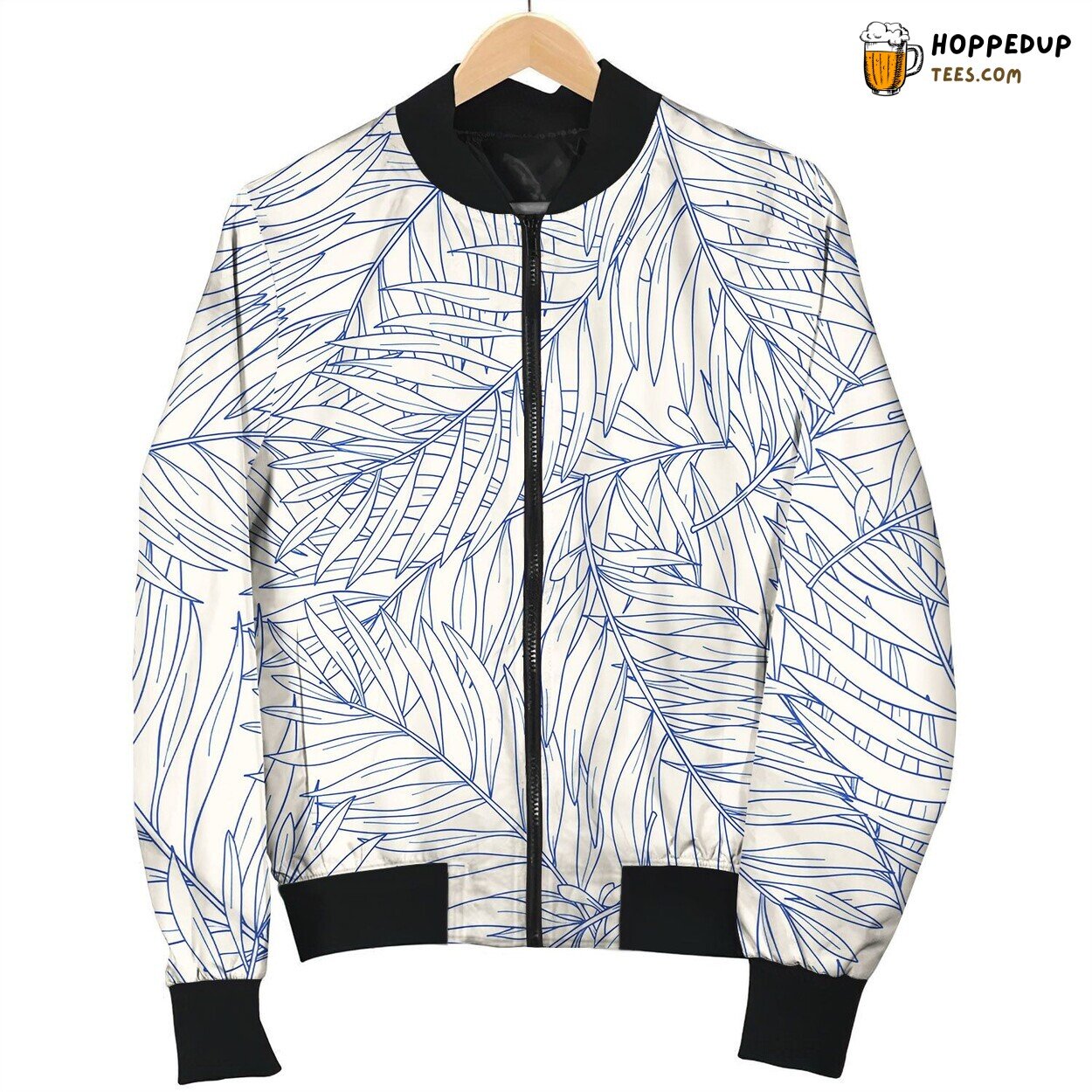 Seamless Pattern With Contour Tropical Palm Leaves Bomber Jacket