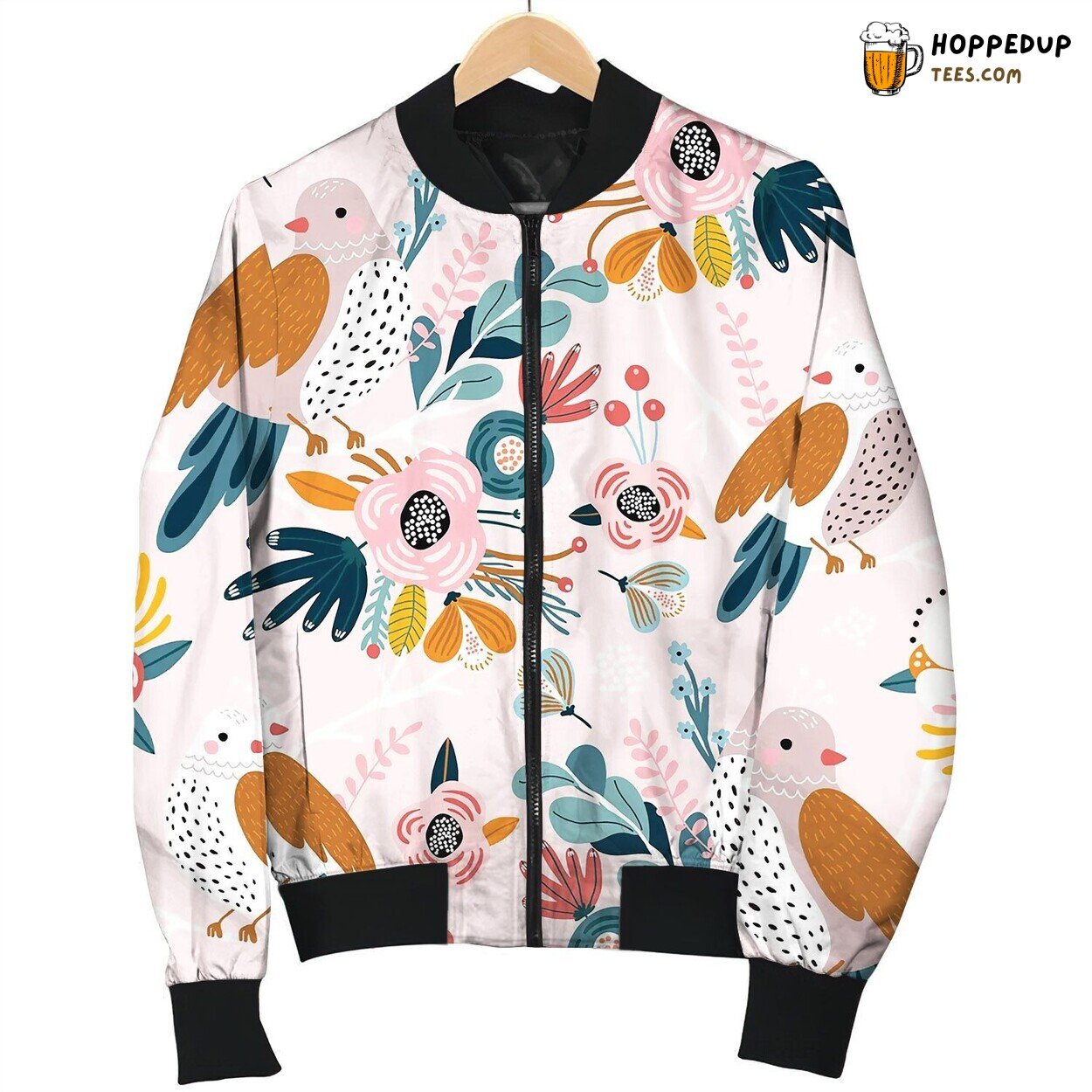Seamless Pattern With Cute Birds Flowers Berries Bomber Jacket